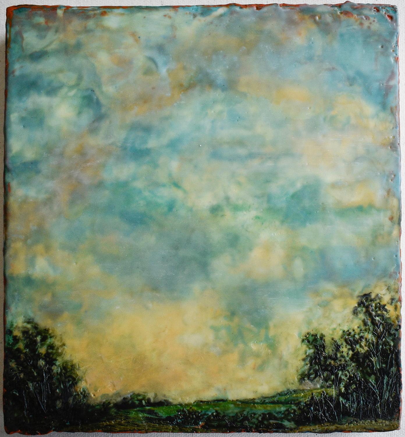 Modern Hudson River School style encaustic landscape painting of a green country field with an expansive teal and soft yellow sky at sunset 
Untitled II, painted by Leigh Palmer in 2020 
9 1/4" X 8 3/4," encaustic on linen mounted on panel 
Signed,