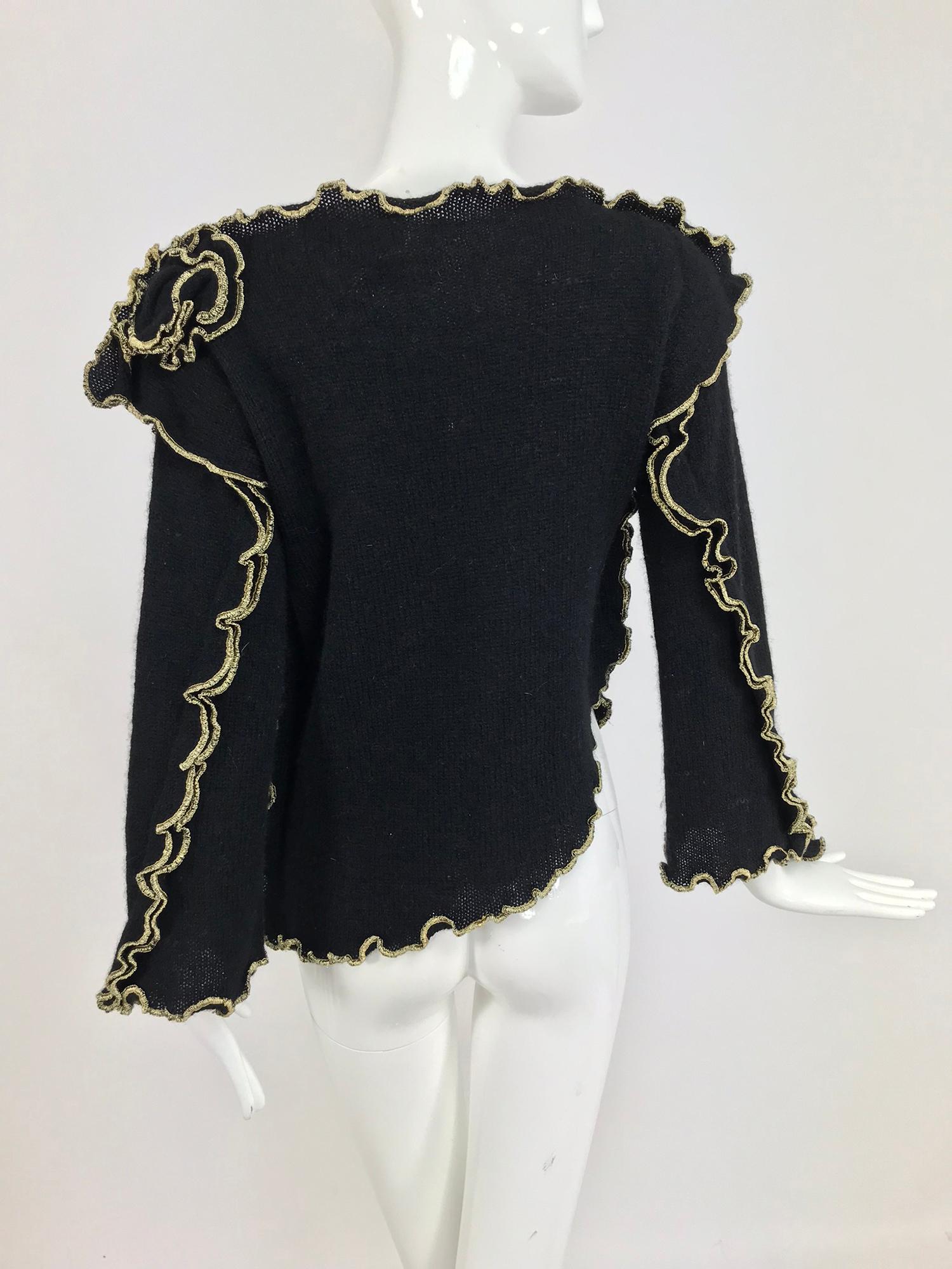 Leigh Westbrook Black Knit Gold Trim Floral Applique Sweater 1980s 5