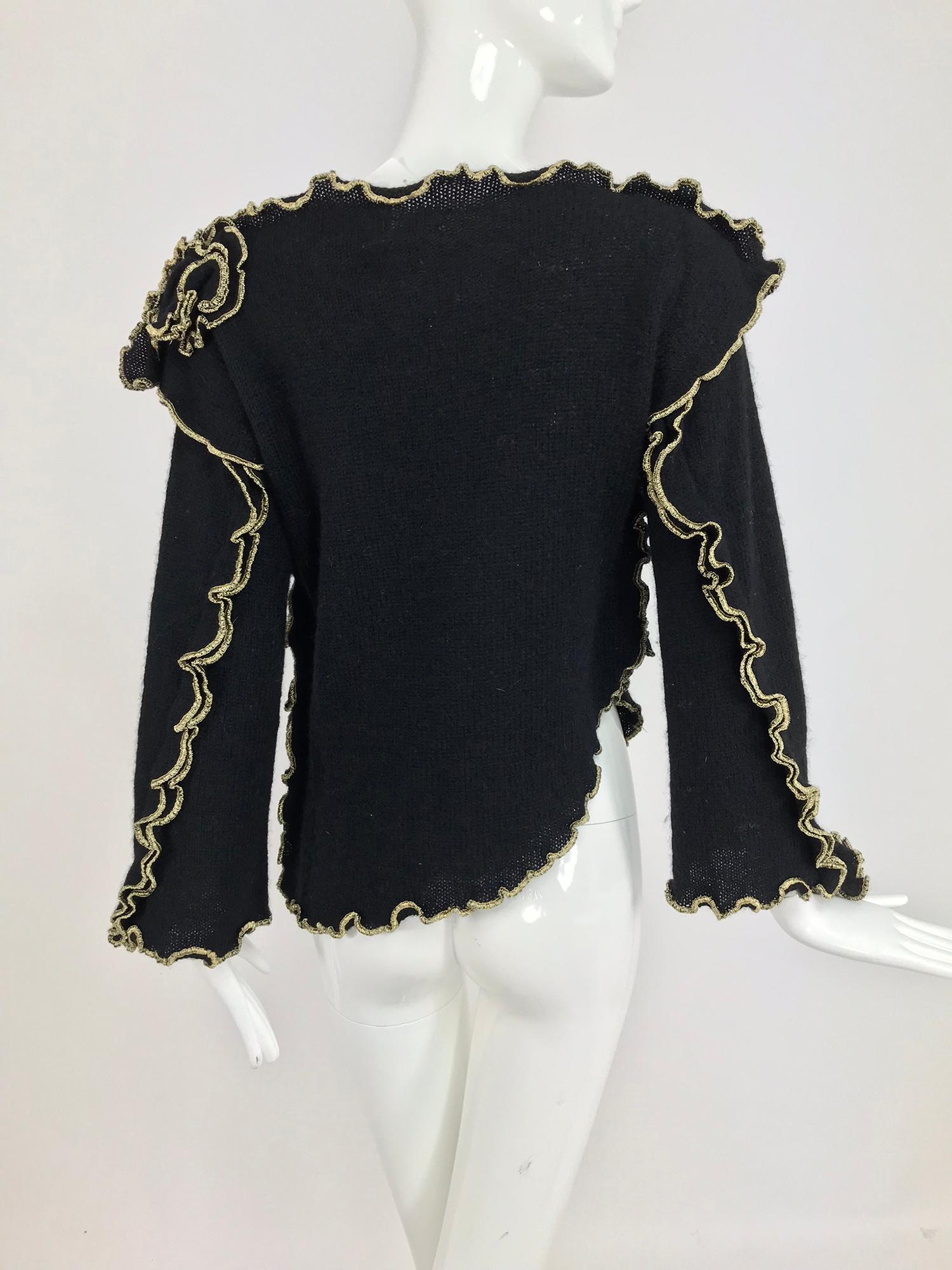 Leigh Westbrook Black Knit Gold Trim Floral Applique Sweater 1980s 6
