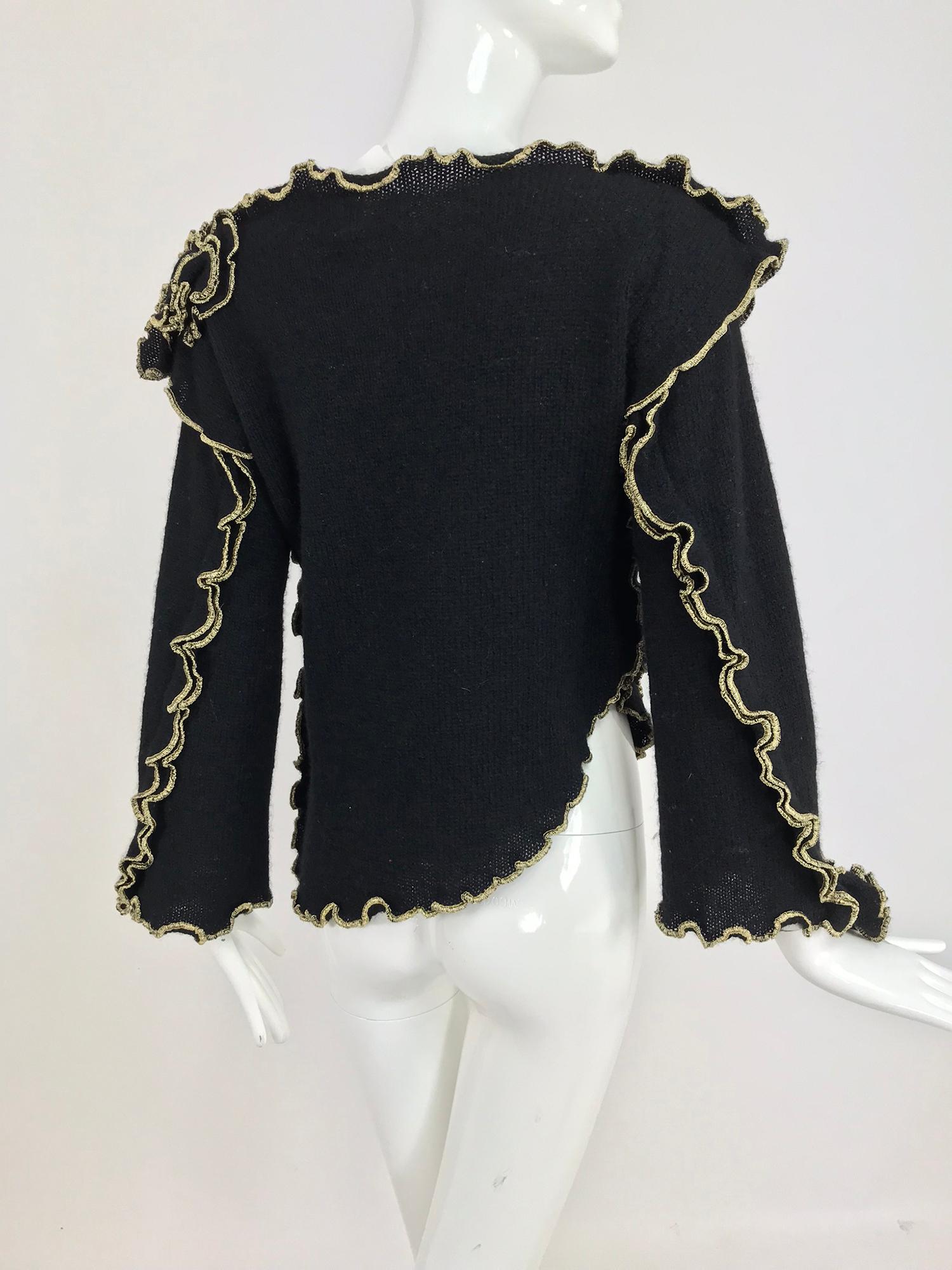 Leigh Westbrook Black Knit Gold Trim Floral Applique Sweater 1980s 7