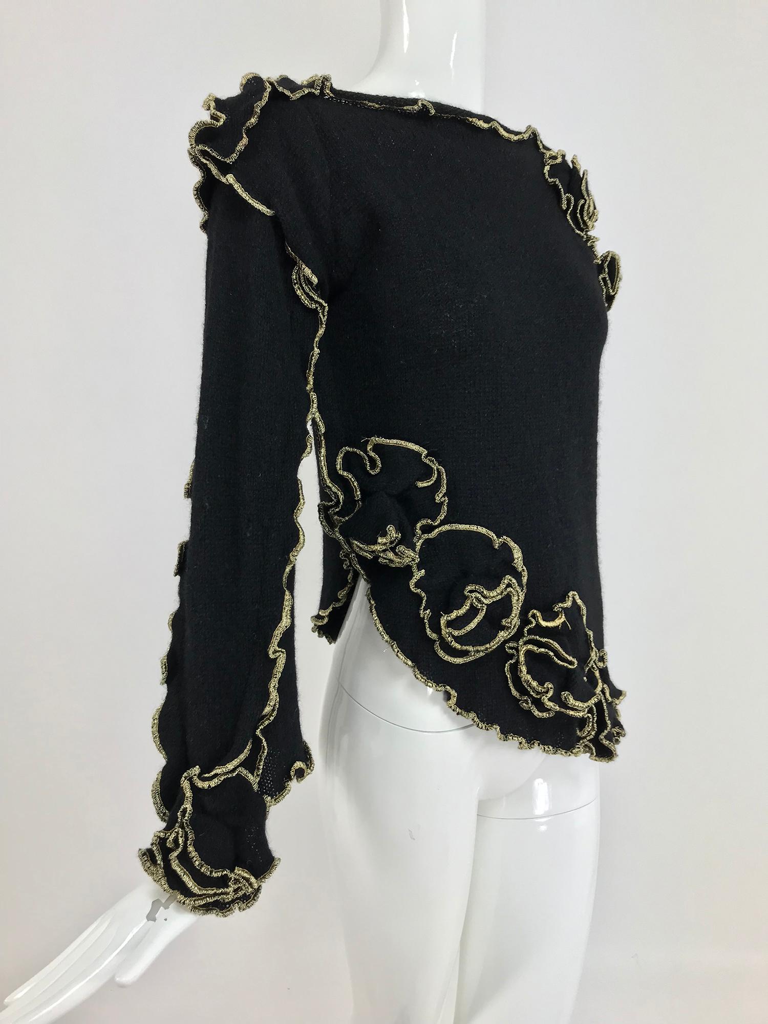 Leigh Westbrook Black Knit Gold Trim Floral Applique Sweater 1980s 12