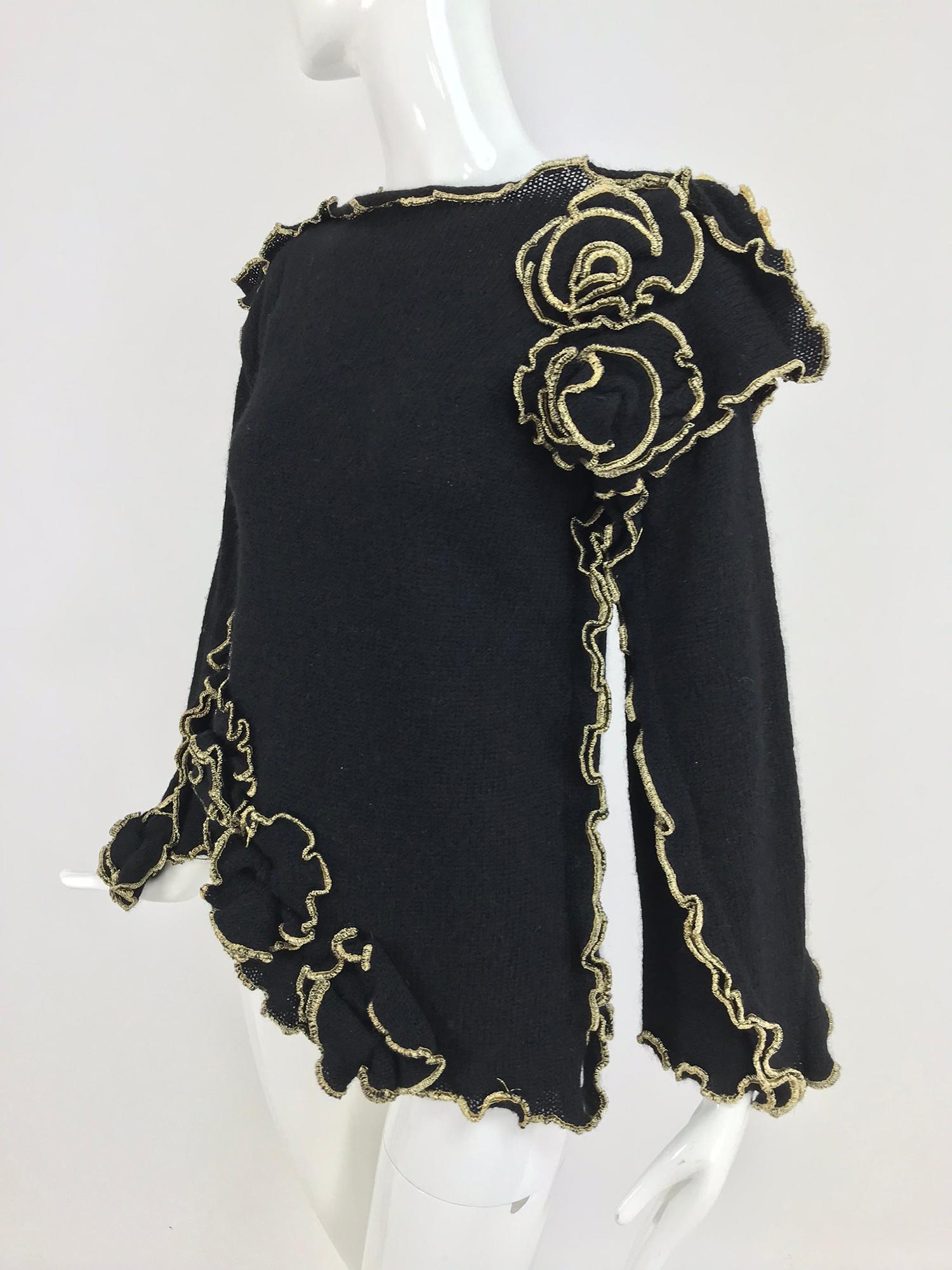 Women's Leigh Westbrook Black Knit Gold Trim Floral Applique Sweater 1980s