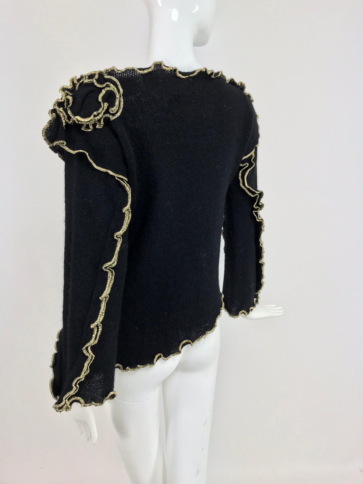 Leigh Westbrook Black Knit Gold Trim Floral Applique Sweater 1980s 4