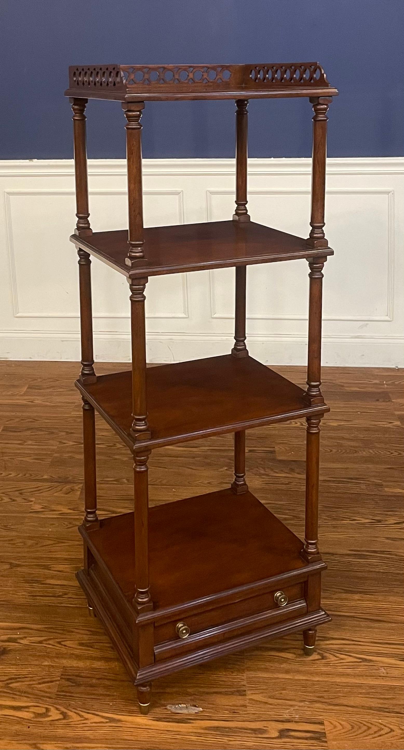 This is a traditional mahogany Etagere by Leighton Hall. It is ideal for storage or display in the living area or dining room.  It has been used as a showroom sample for approximately one year and is in very good condition.  This Etagere retails for