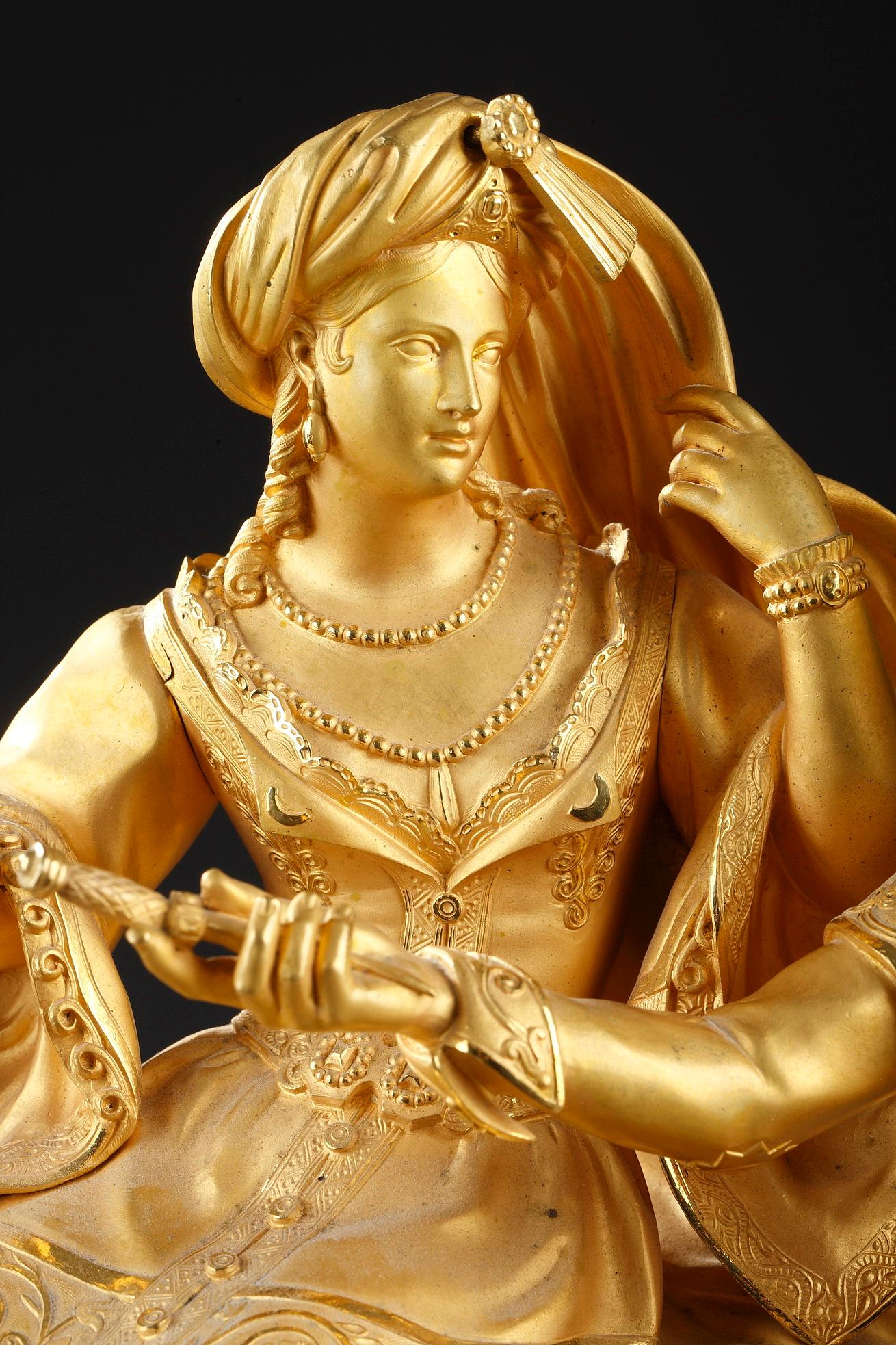 Gilt Leila and the Giaour Gilded Bronze Clock, France, Circa 1830 For Sale