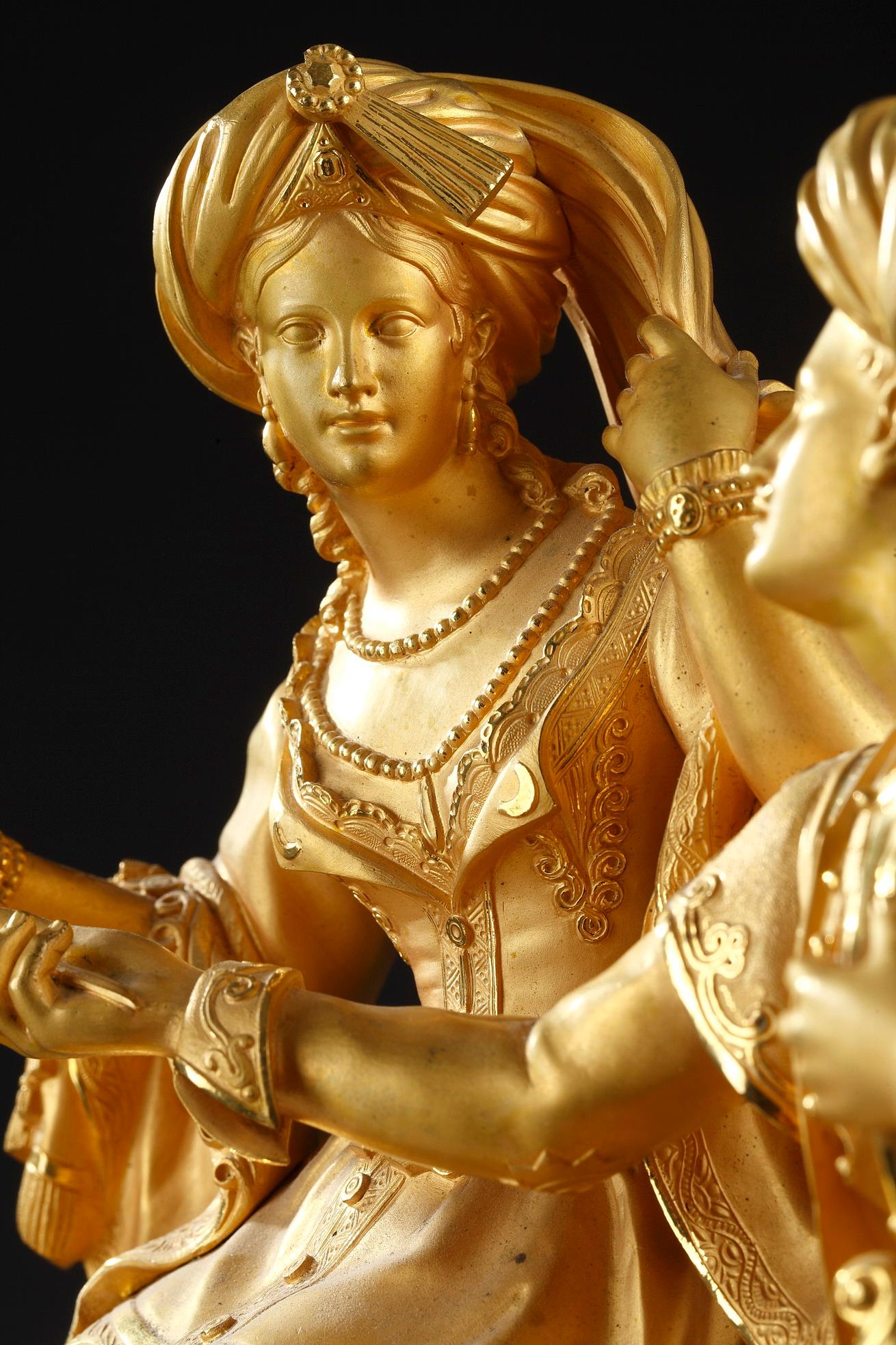 Mid-19th Century Leila and the Giaour Gilded Bronze Clock, France, Circa 1830 For Sale