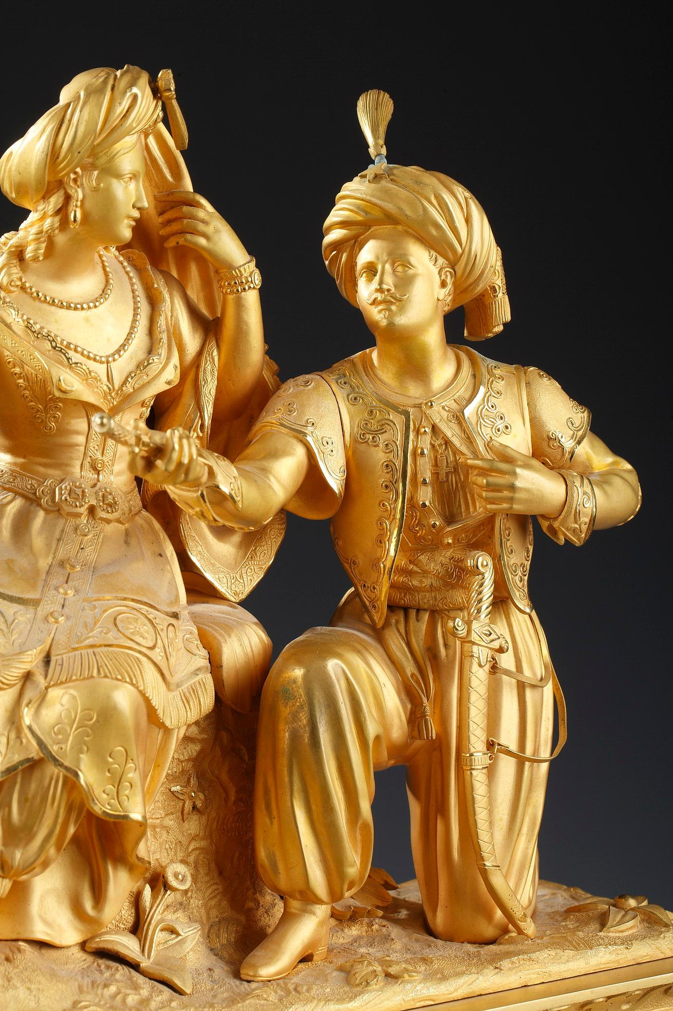 Glass Leila and the Giaour Gilded Bronze Clock, France, Circa 1830 For Sale