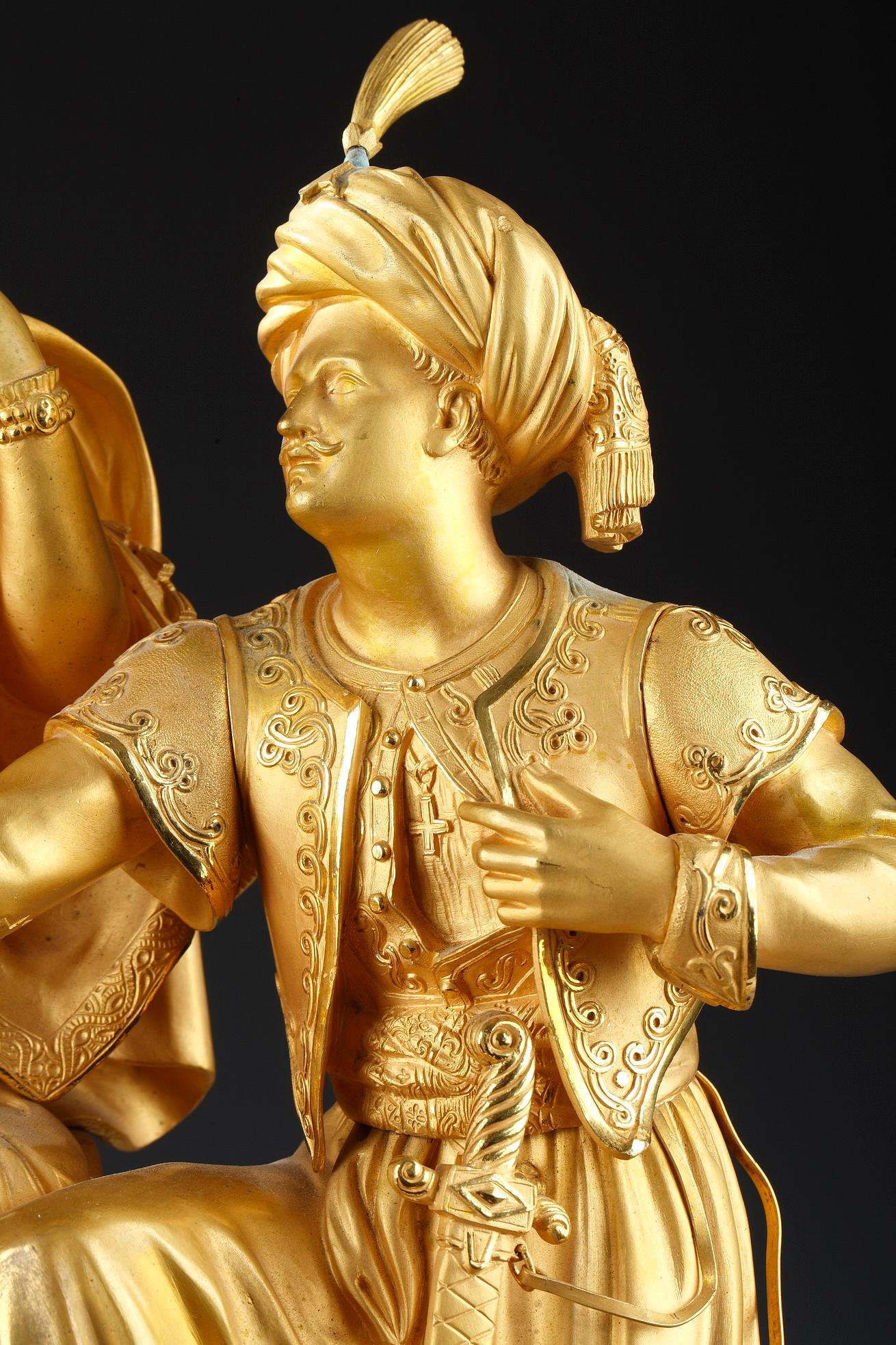 Glass Leila and the Giaour Gilded Bronze Clock, France, Circa 1830 For Sale