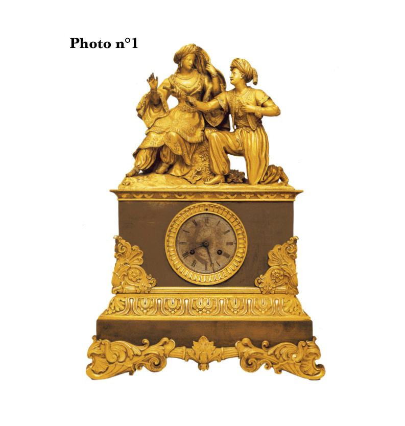 Leila and the Giaour Gilded Bronze Clock, France, Circa 1830 For Sale 4