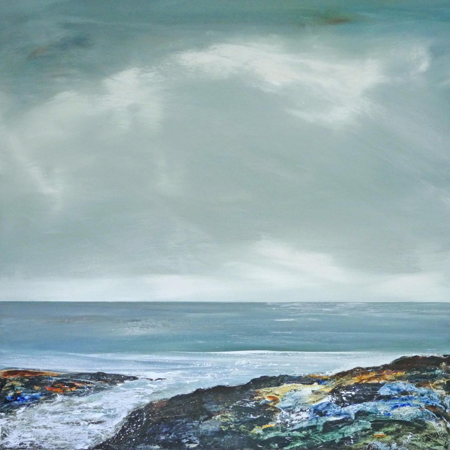 Leila Godden UA Landscape Painting - By the Slipway - Broody British Seascape: Acrylic Paint on Board 