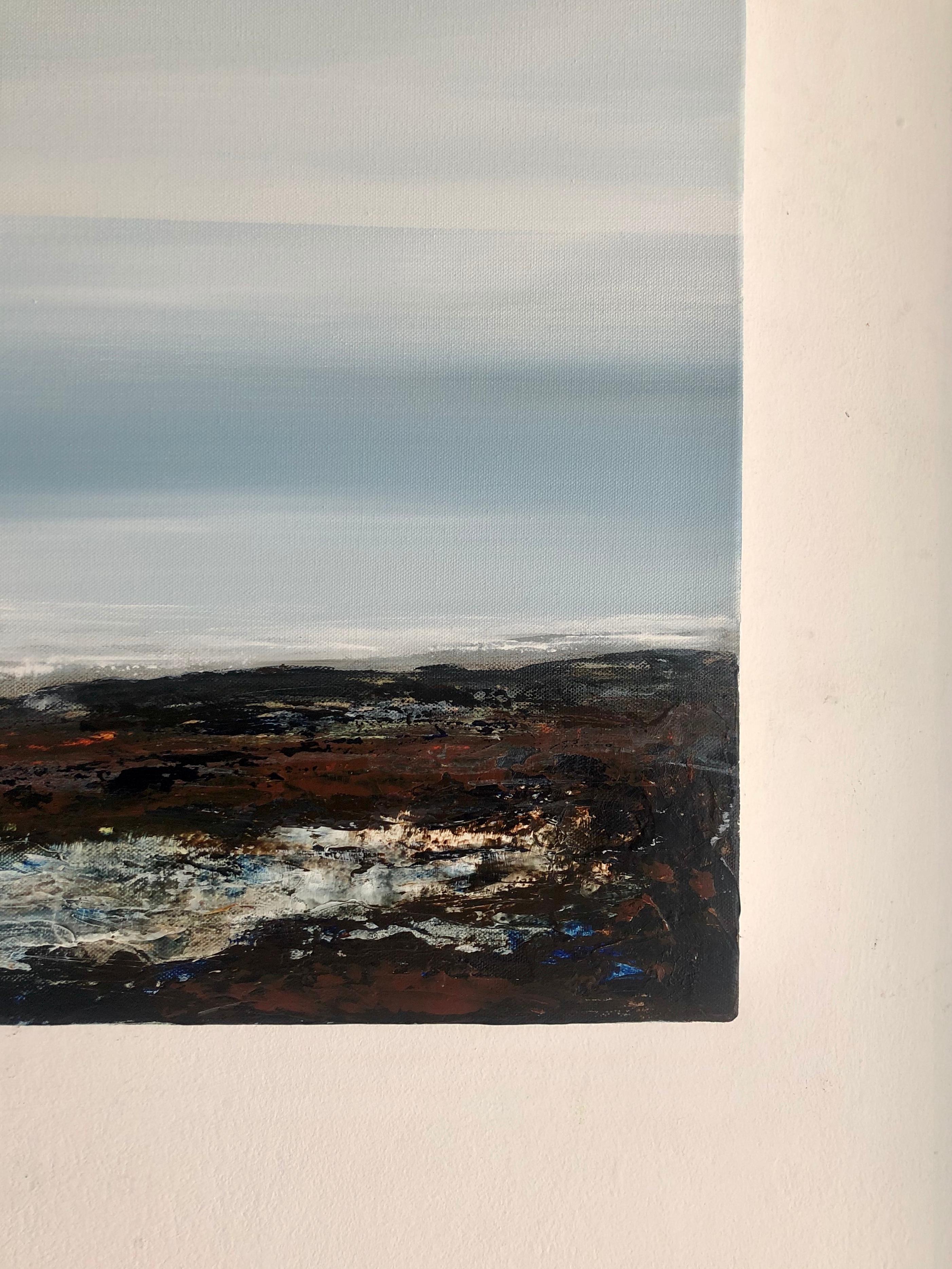 The original painting  by Leila Godden  is framed ready to be displayed. The textures used at the foreground of the painting suggest the surface of rocks and add an interesting dimension to the beautiful seascape composition. 

Leila Godden UA is a