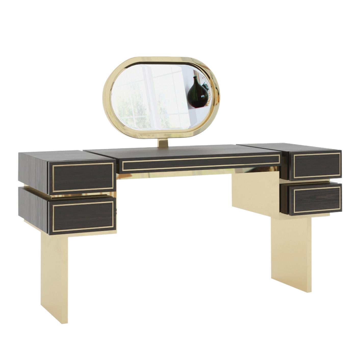 Equipped with a wide elliptical mirror, whose bright brass finish is shared by the two thin metal sheets sustaining the wooden top, this vanity table strikes with its well-balanced, angular silhouette. The top is crafted of solid wood and comprises