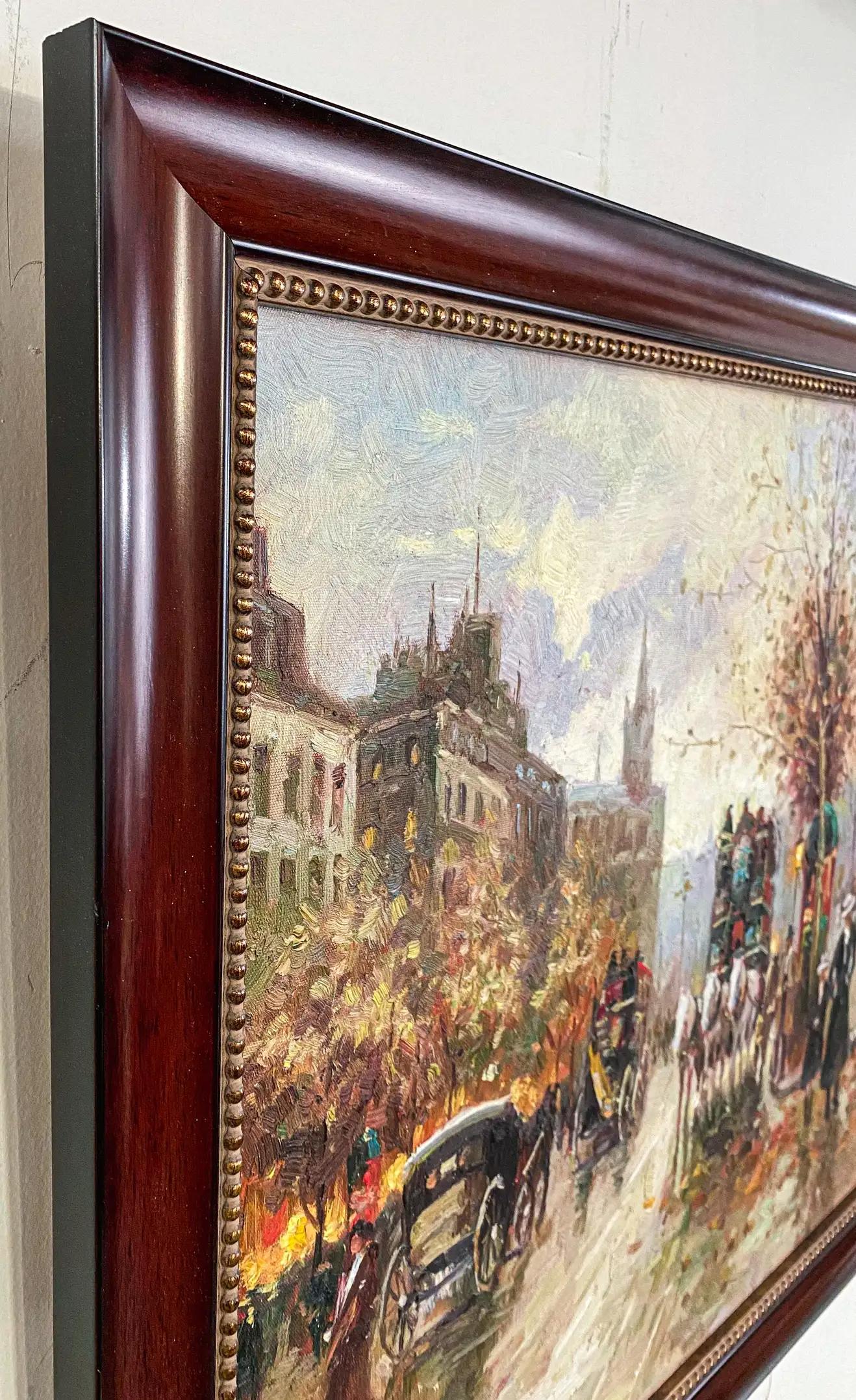 A beautiful Mid-Century cityscape painting signed Leimin in the bottom left. The painting features a scene from the 19th century of large city possibly Paris. The painting is beautifully framed in a custom mahogany frame. 

Dimensions : 28