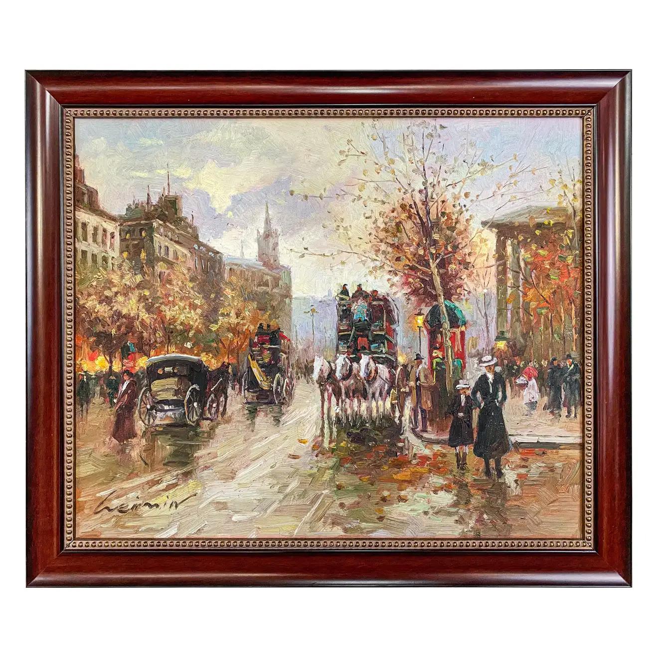 Leimin Landscape Painting - Mid Century Cityscape Oil on Canvas Painting, Framed and Signed