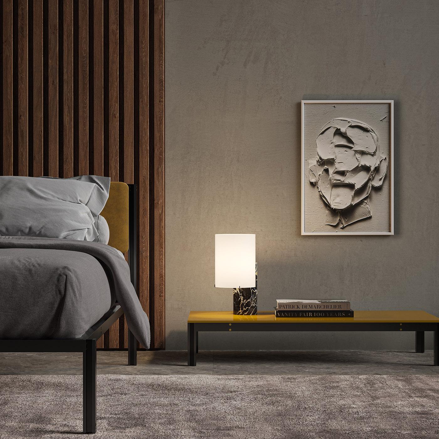 A celebration of simplicity, this gorgeous table lamp is handcrafted of first-rate materials rendered in a sleek and pure form. Mounted on a spectacular Portoro marble body, the satin white shade is made of polycarbonate. Designed by Matteo