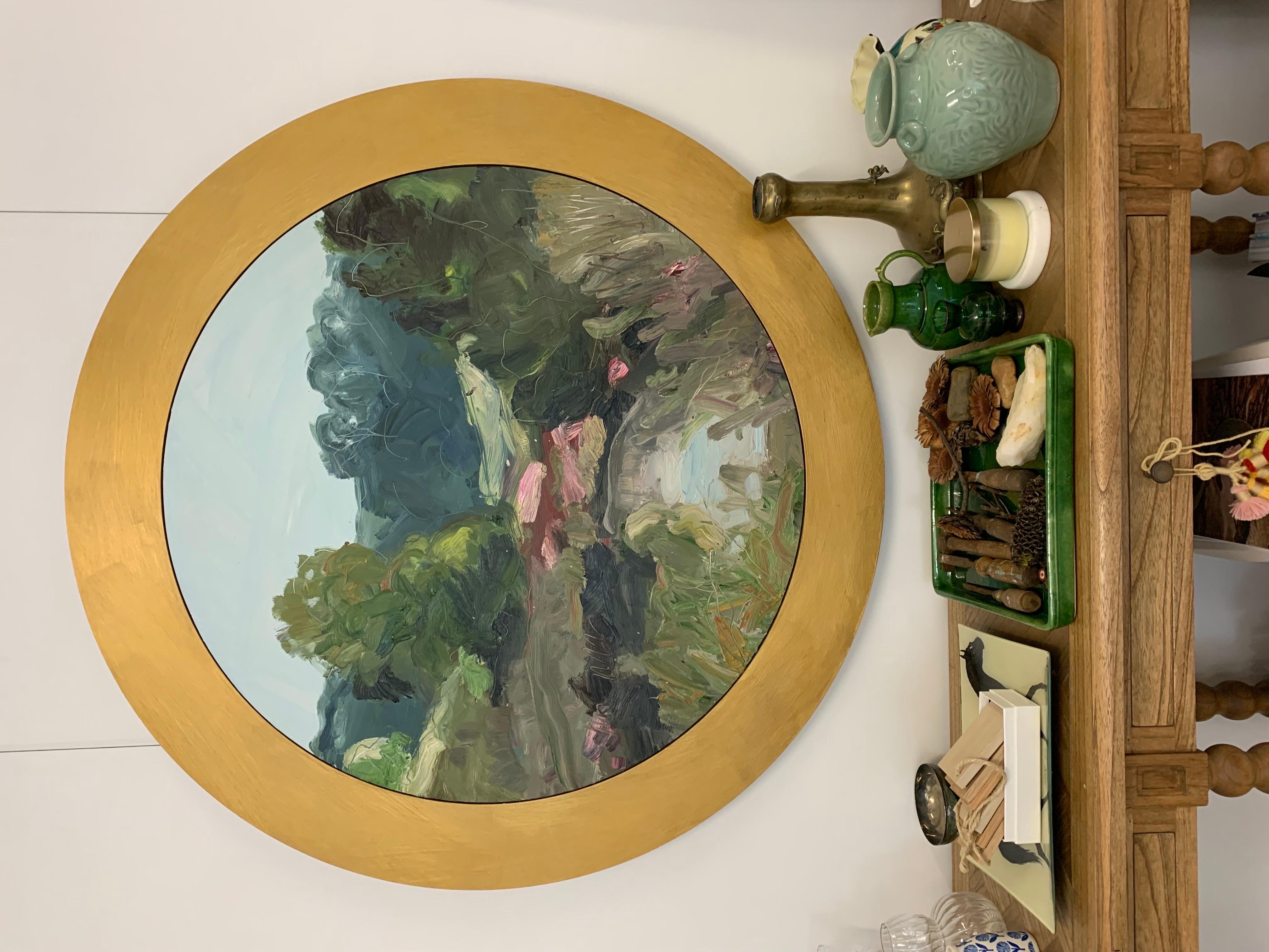 This work is an excellent example of the expressive, immediate style Leisl is known for. It was a finalist in the Clayton Utz Art Awards (Australia). The painting itself is 90cm diameter and the diameter with the frame is 116cm. The frame is