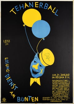 Original Vintage Poster New Year Ball Munich Germany Tehaner Ball Mask Balloons