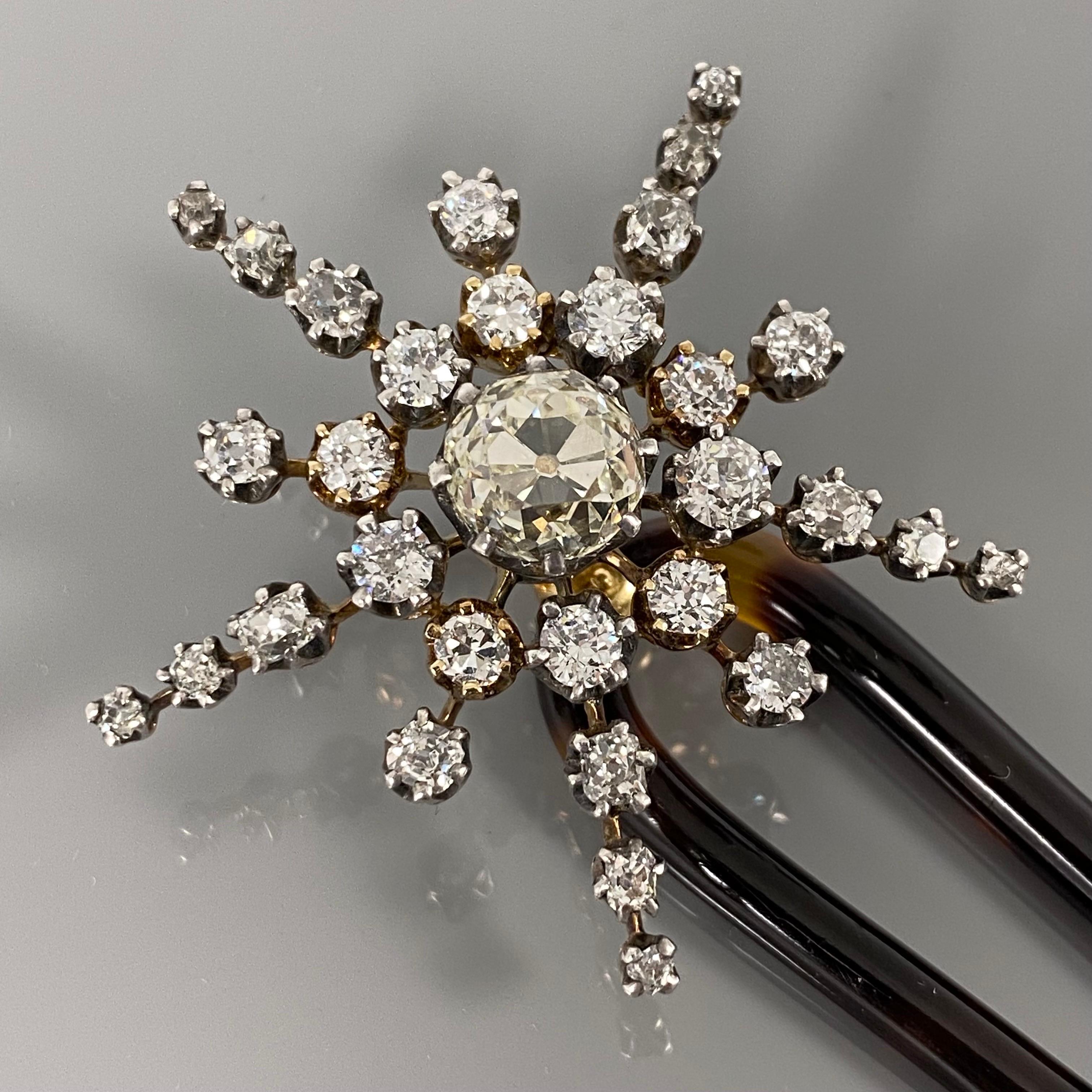 Leitão & Irmão Antike 19. Jahrhundert Diamant-Stern-Schildpatt-Brosche Haarkamm im Angebot 4
