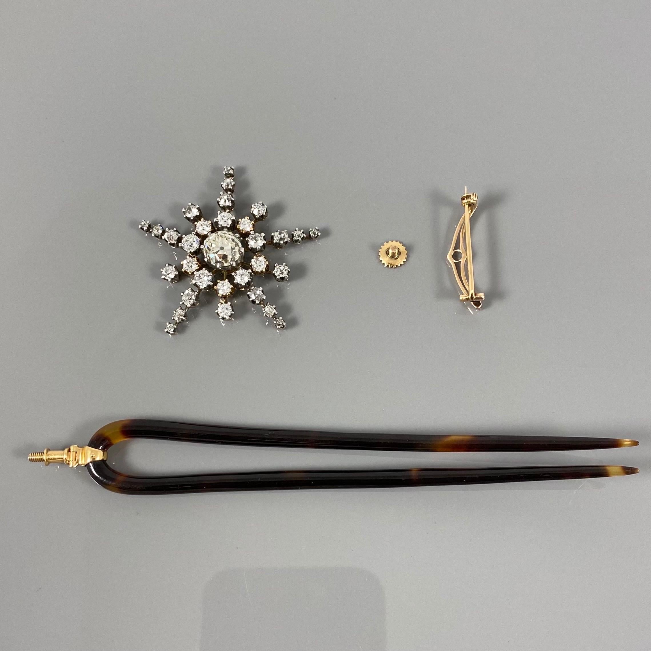 Leitão & Irmão Antike 19. Jahrhundert Diamant-Stern-Schildpatt-Brosche Haarkamm (Spätviktorianisch) im Angebot