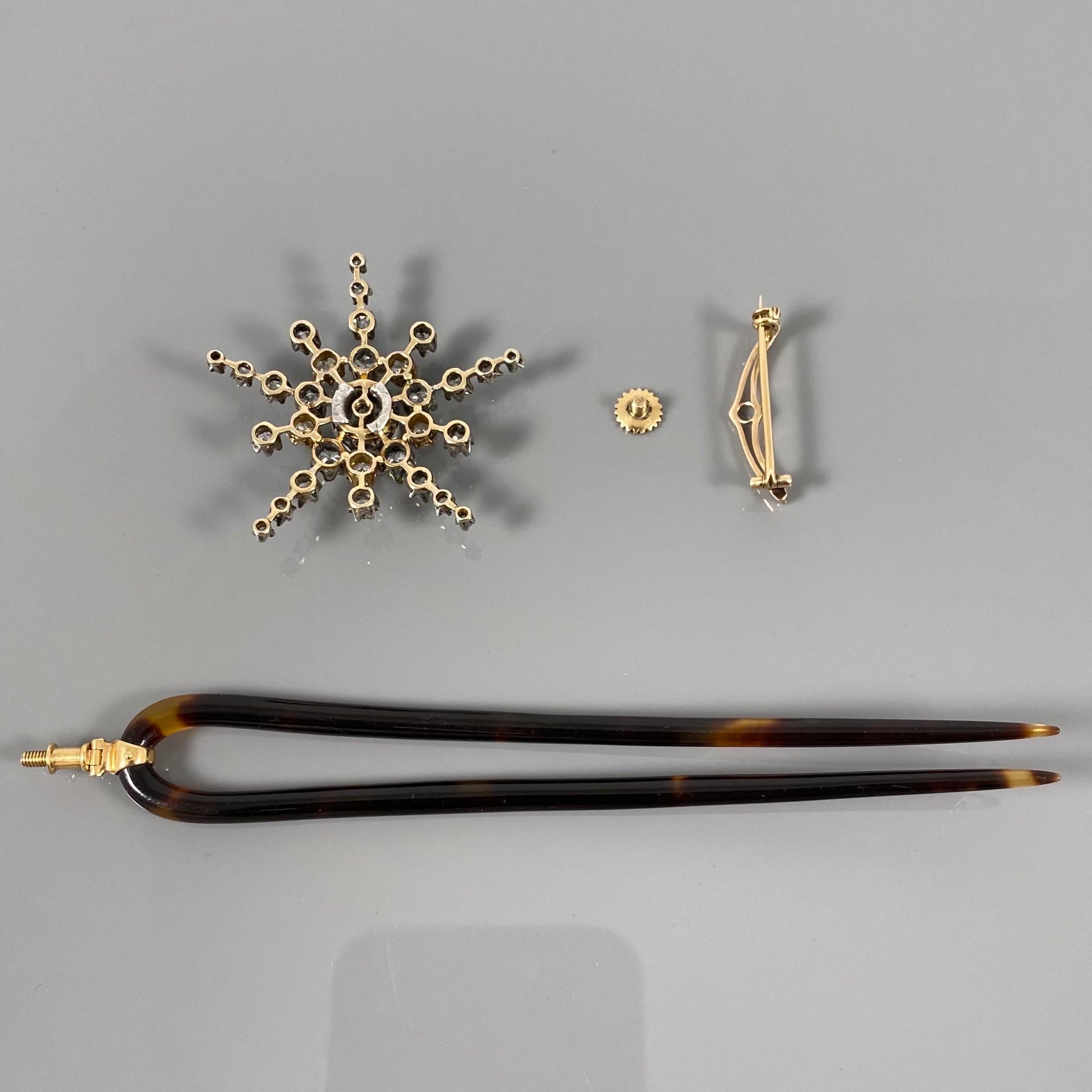 Leitão & Irmão Antike 19. Jahrhundert Diamant-Stern-Schildpatt-Brosche Haarkamm (Alteuropäischer Brillantschliff) im Angebot