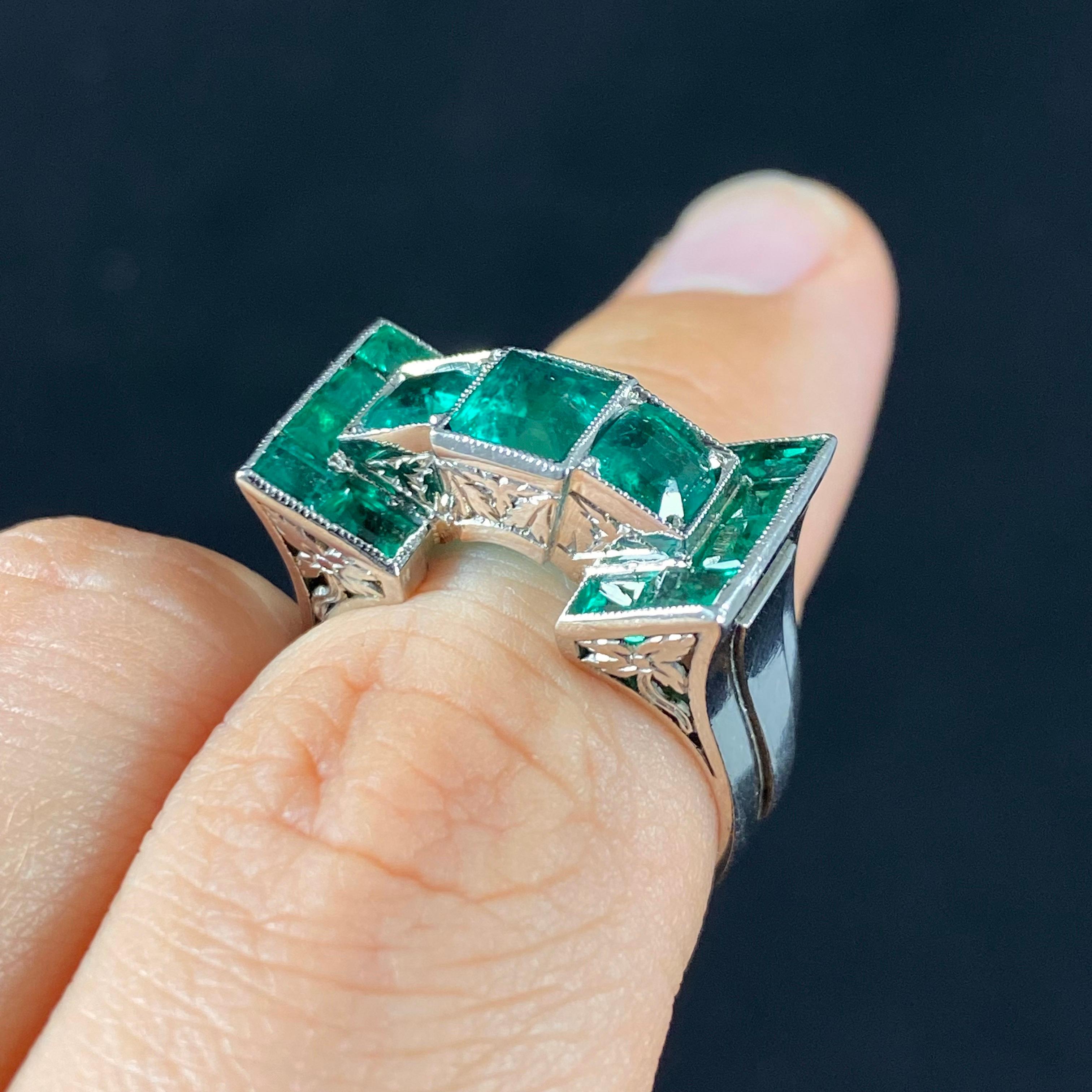 Leitão & Irmão Art Deco Colombian Emerald Geometric Odeonesque Ring Platinum 6