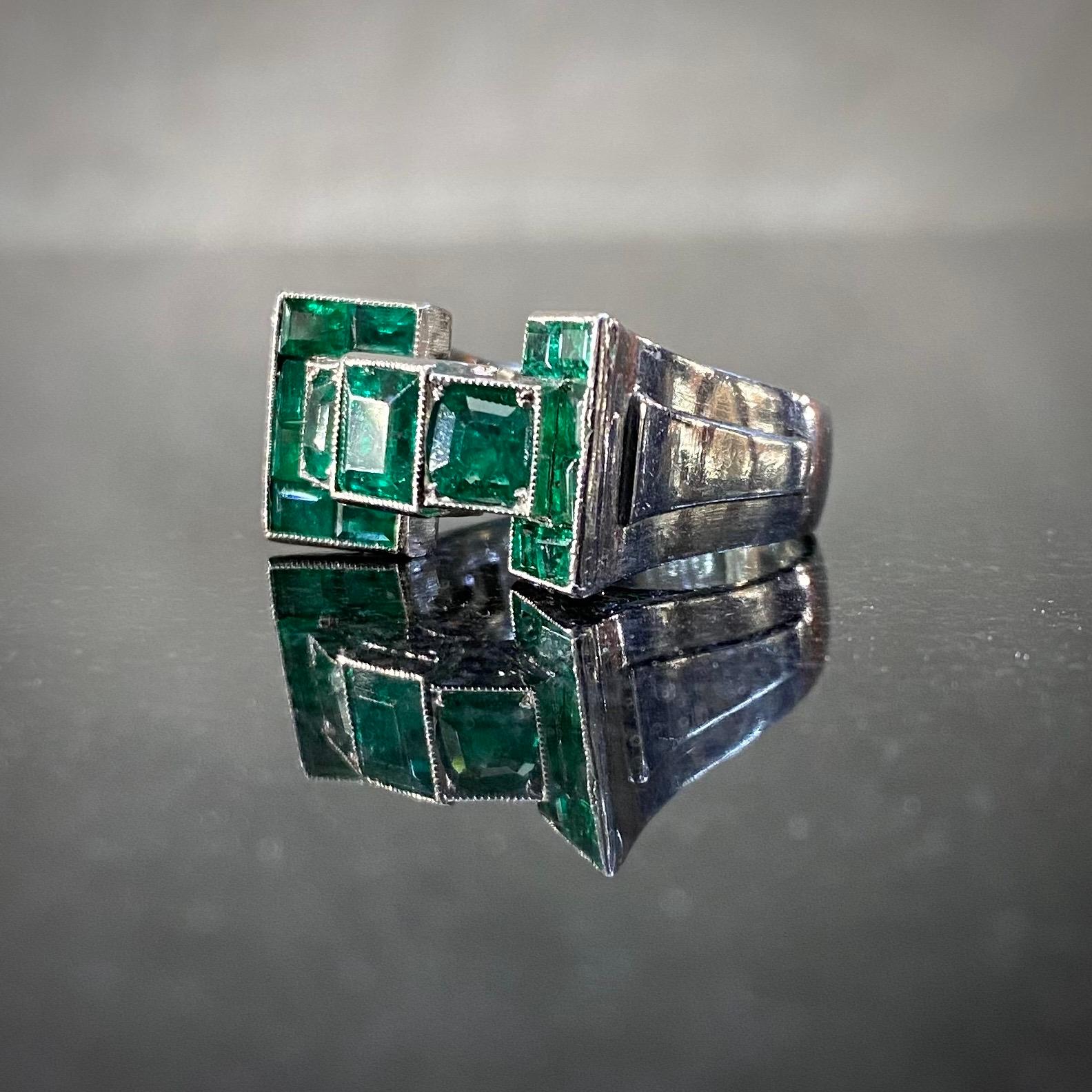 Emerald Cut Leitão & Irmão Art Deco Colombian Emerald Geometric Odeonesque Ring Platinum