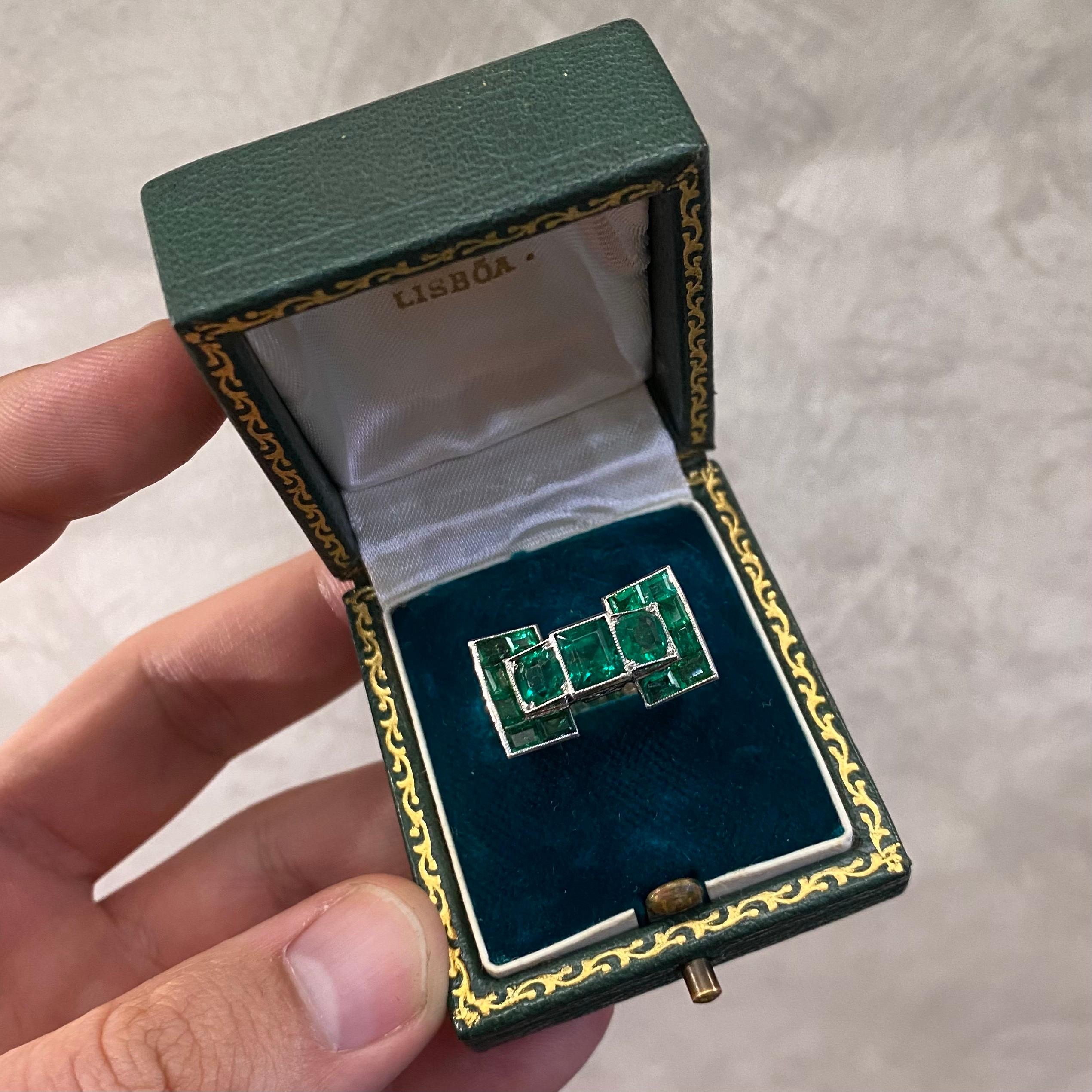 Leitão & Irmão Art Deco Colombian Emerald Geometric Odeonesque Ring Platinum 1