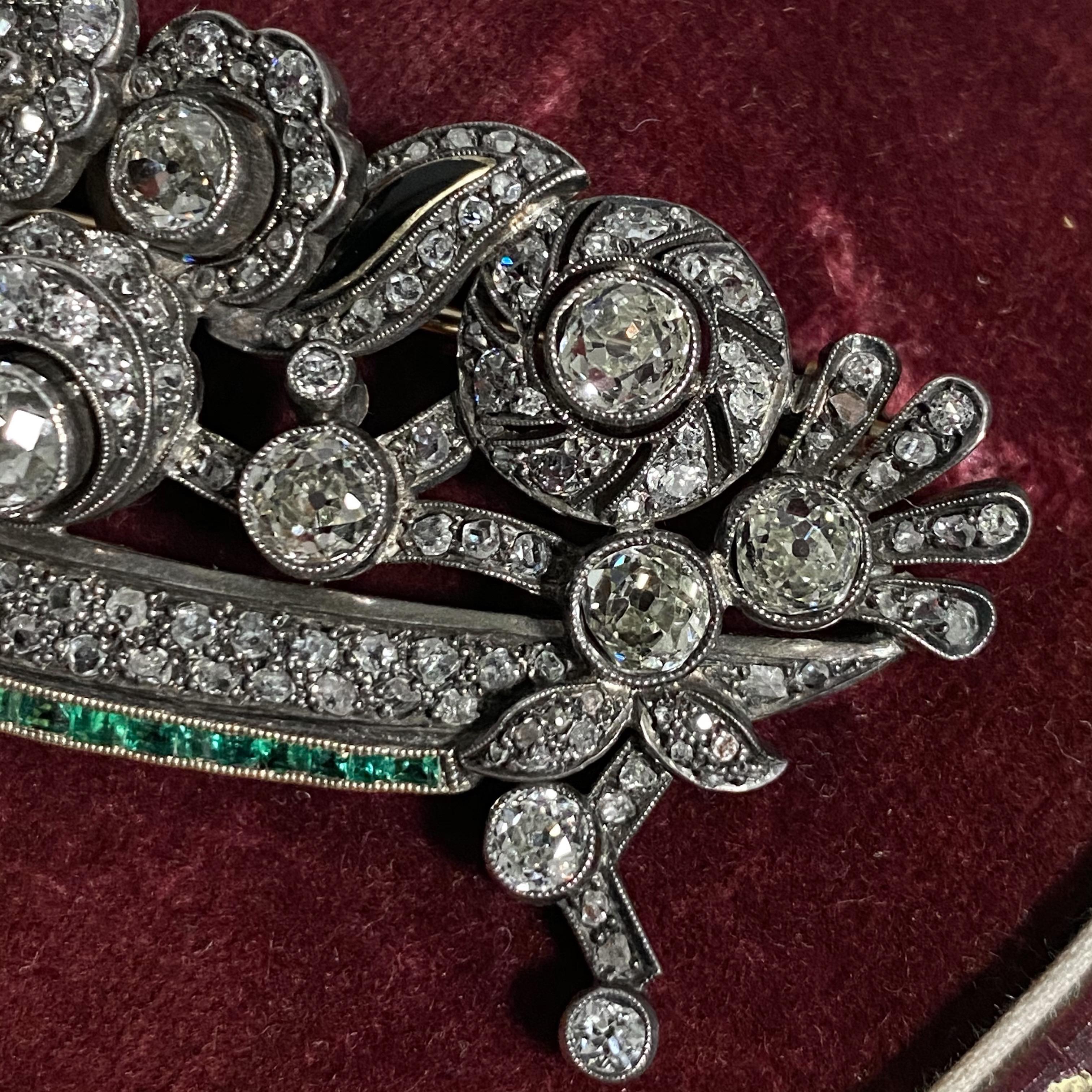 Old European Cut Leitão & Irmão Art Deco Diamond Emerald Giardinetto Brooch Silver Gold, 1940s For Sale