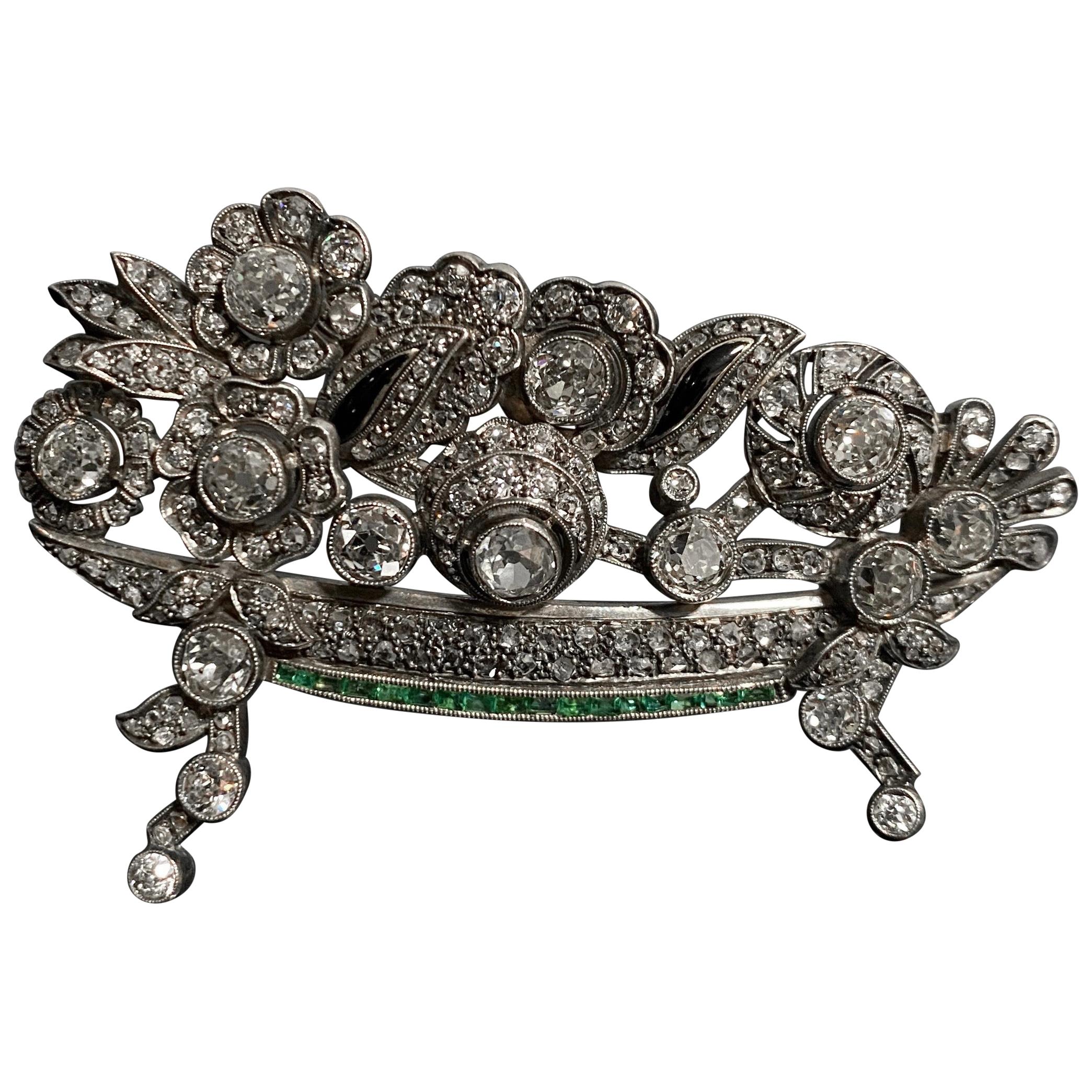 Leitão & Irmão Late Art Deco Diamond Emerald Giardinetto Brooch Gold, 1940s