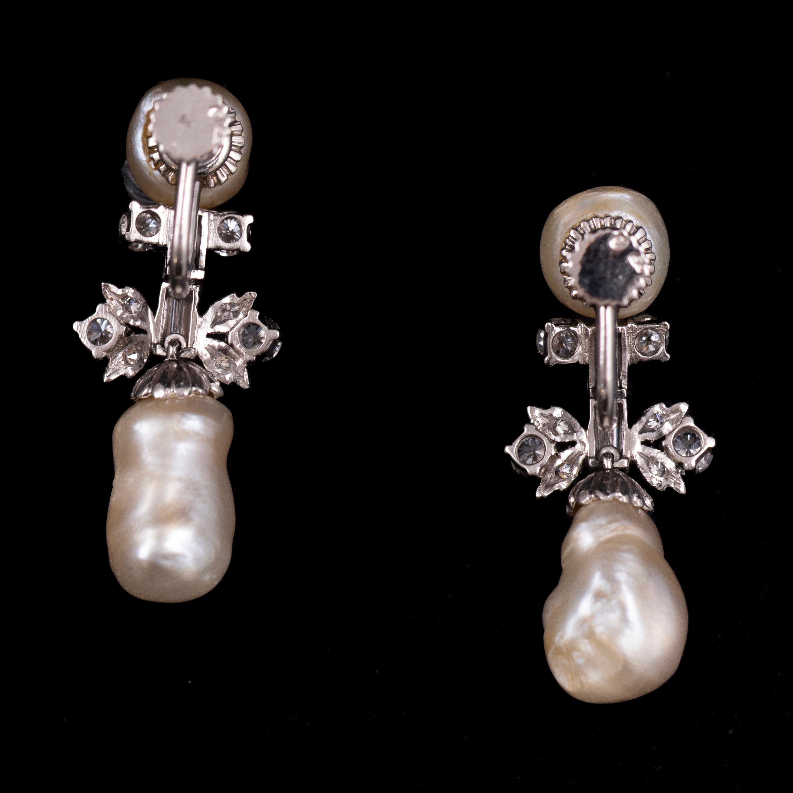 Baguette Cut Leitão & Irmão Art Deco Natural Pearl Diamond Earrings Platinum Portuguese 1940s