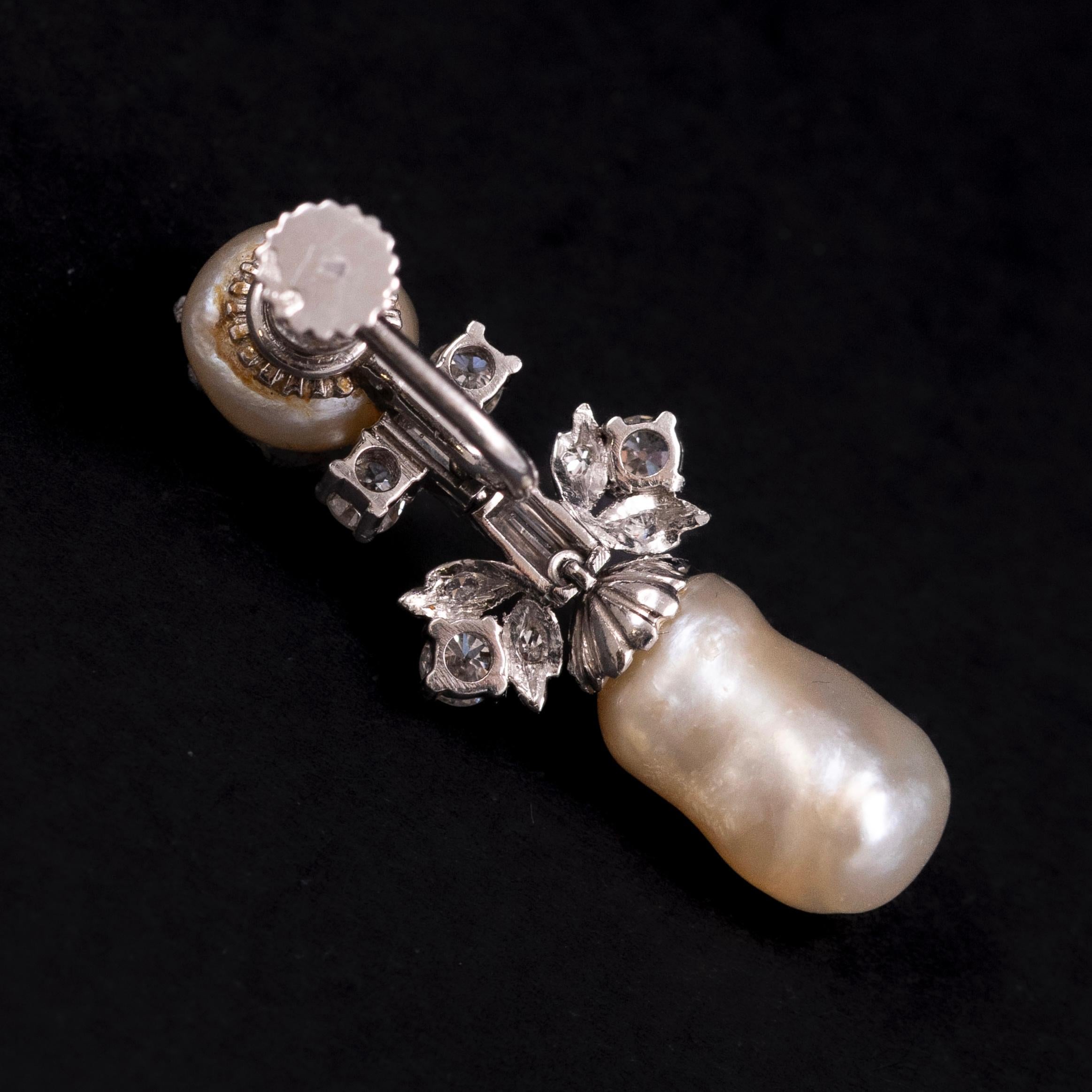 Leitão & Irmão Art Deco Natural Pearl Diamond Earrings Platinum Portuguese 1940s In Good Condition In Lisbon, PT
