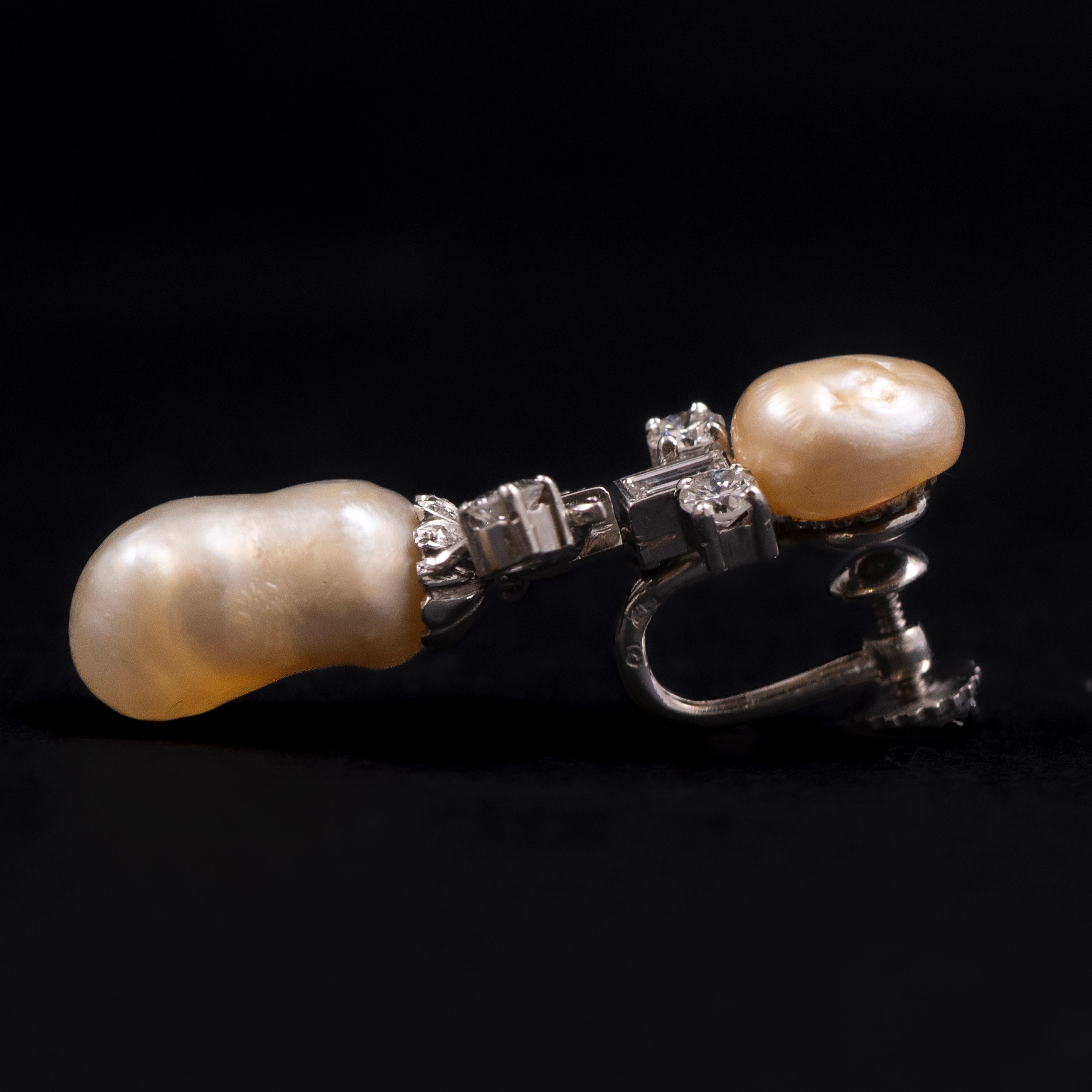 Women's or Men's Leitão & Irmão Art Deco Natural Pearl Diamond Earrings Platinum Portuguese 1940s