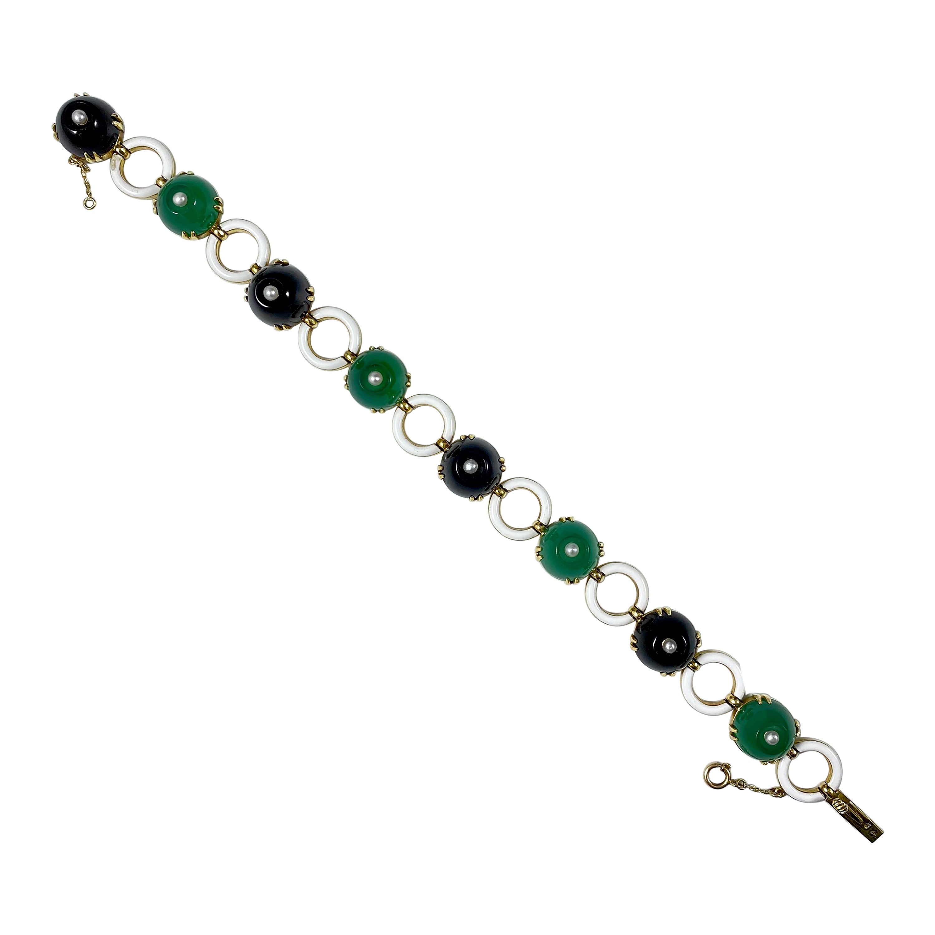 Leitão & Irmão Art Deco Onyx Chrysoprase Pearl White Enamel Bracelet Yellow Gold