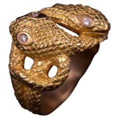 Leitao & Irmao Diamond Double-Serpent Snake Portuguese 19.2K Yellow Gold Ring