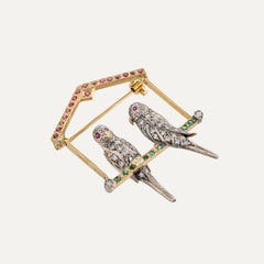 Leitão & Irmão Diamond Emerald Ruby Gold and Silver Two Birds Brooch, 1938-1984