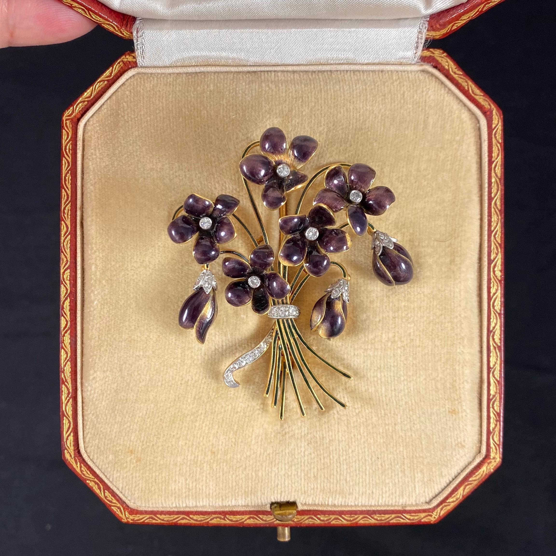 Single Cut Leitão & Irmão Retro 1940s Diamond Enamel Violet Floral Bouquet Brooch Gold For Sale
