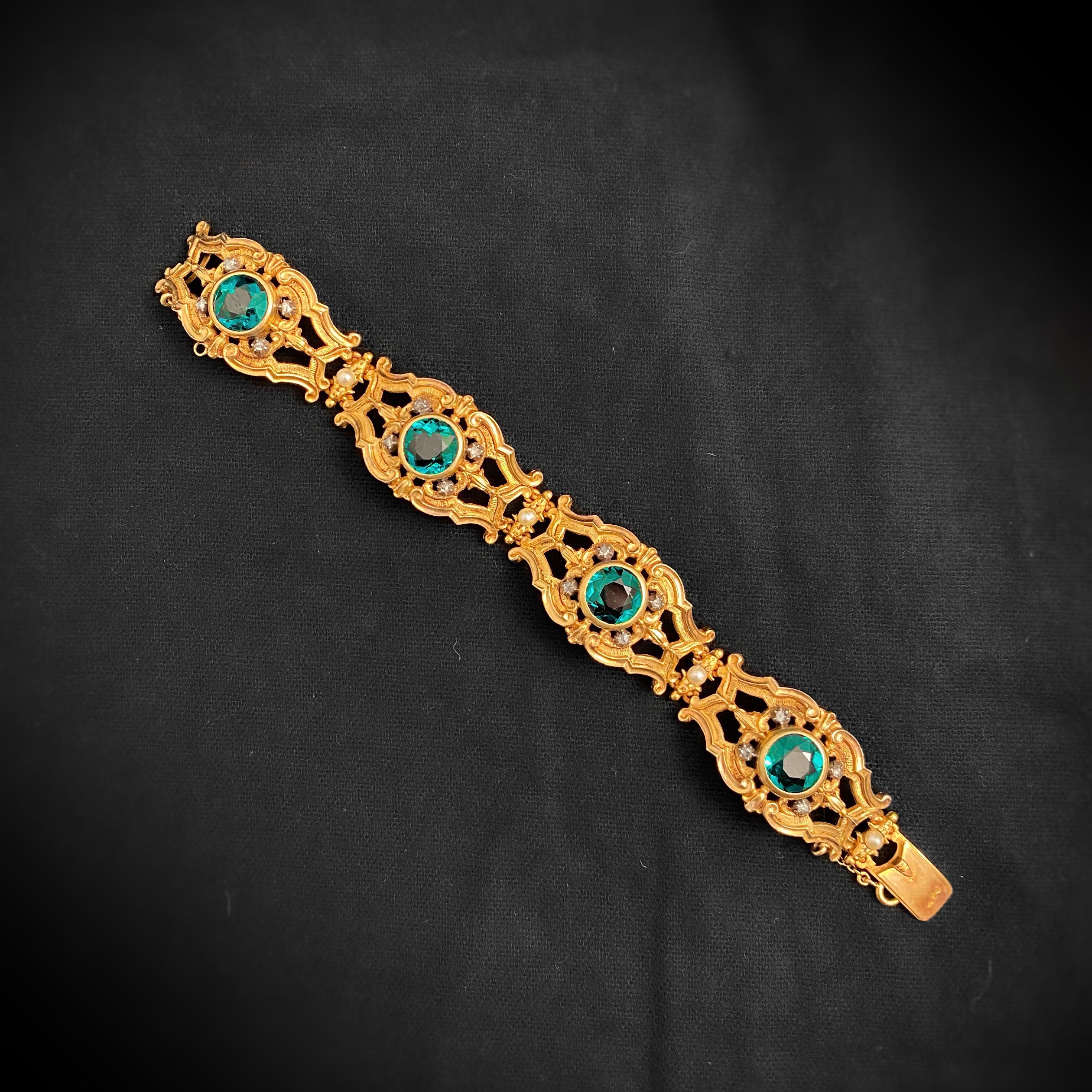 Leitão & Irmão Victorian Green Tourmaline, Diamond and Natural Pearl Bracelet in Rose Gold and Silver, Portugal, c. 1890. This superb bracelet of baroque inspiration by Portuguese crown jeweler Leitão & Irmão is composed of a sequence of four