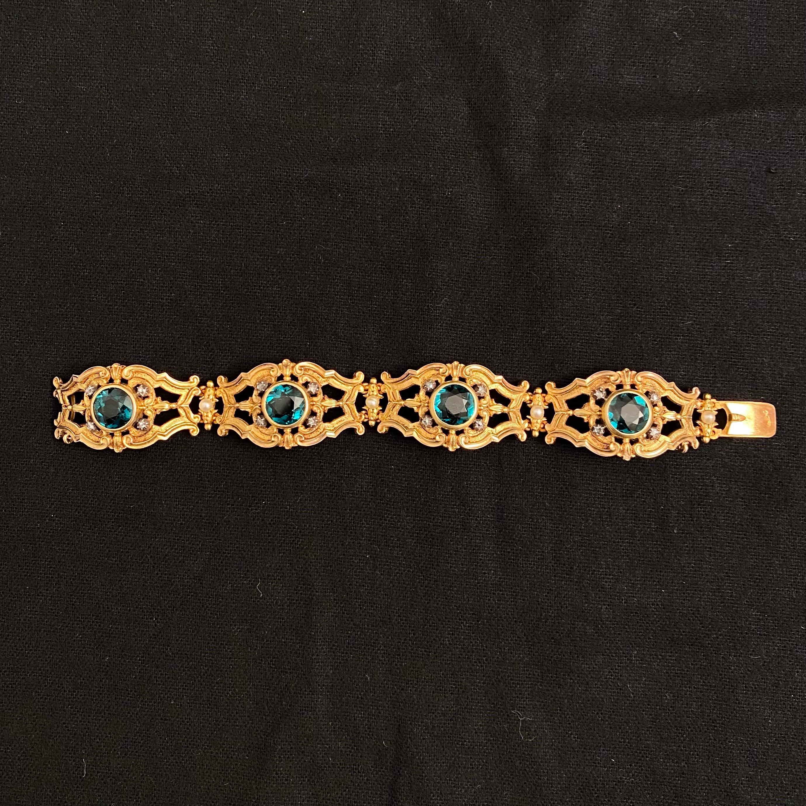 Late Victorian Leitão & Irmão Victorian Tourmaline Diamond Pearl Bracelet Gold Silver, 1890s For Sale