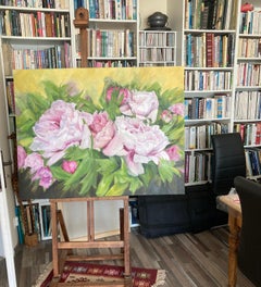 Groe Pfingstrosen der Freude -  lgemlde Wei Grau Gelb Rosa Flieder