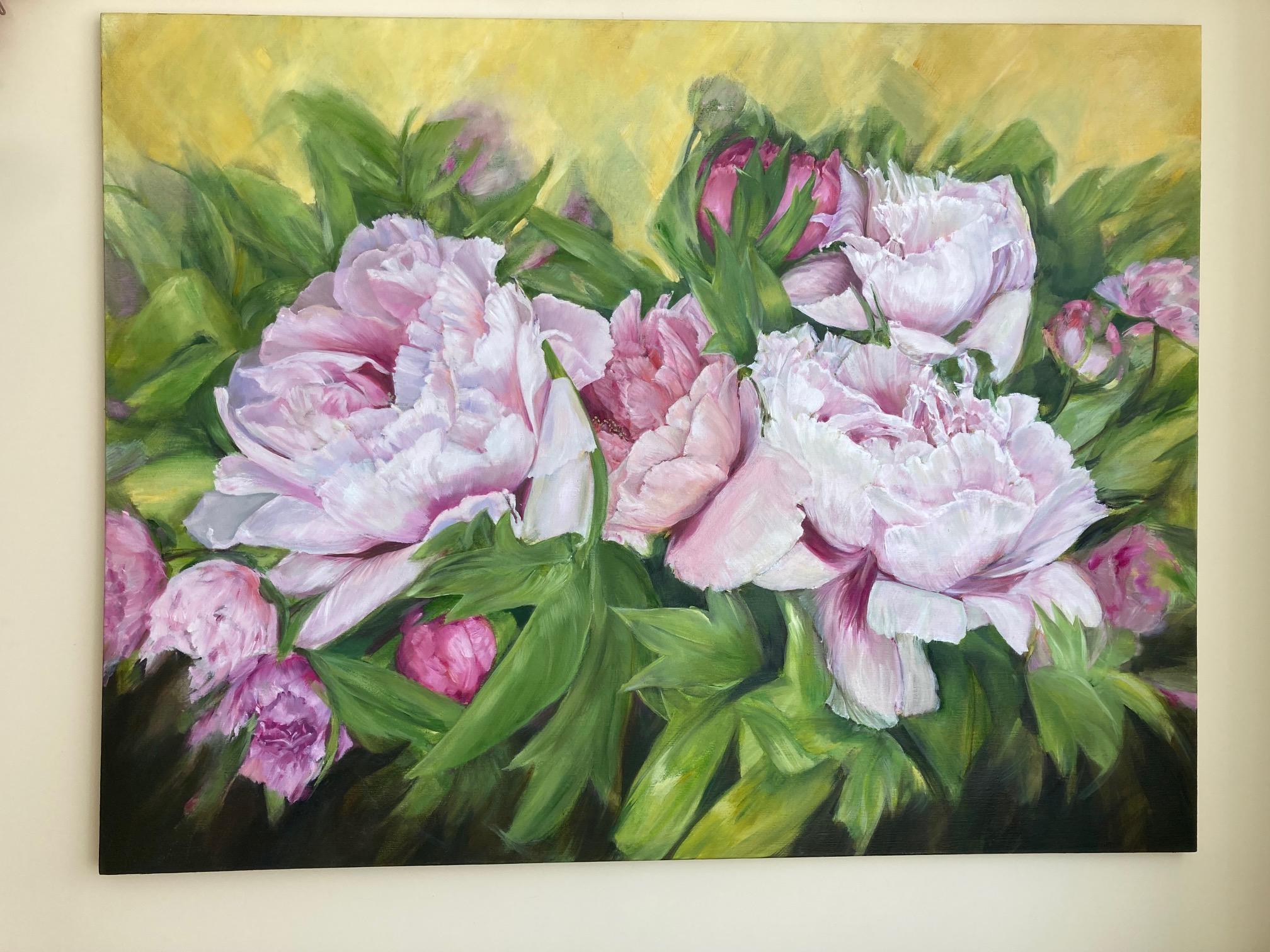  Big Peonies of Joy -  Oil Painting White Grey Yellow Pink Lilac For Sale 1