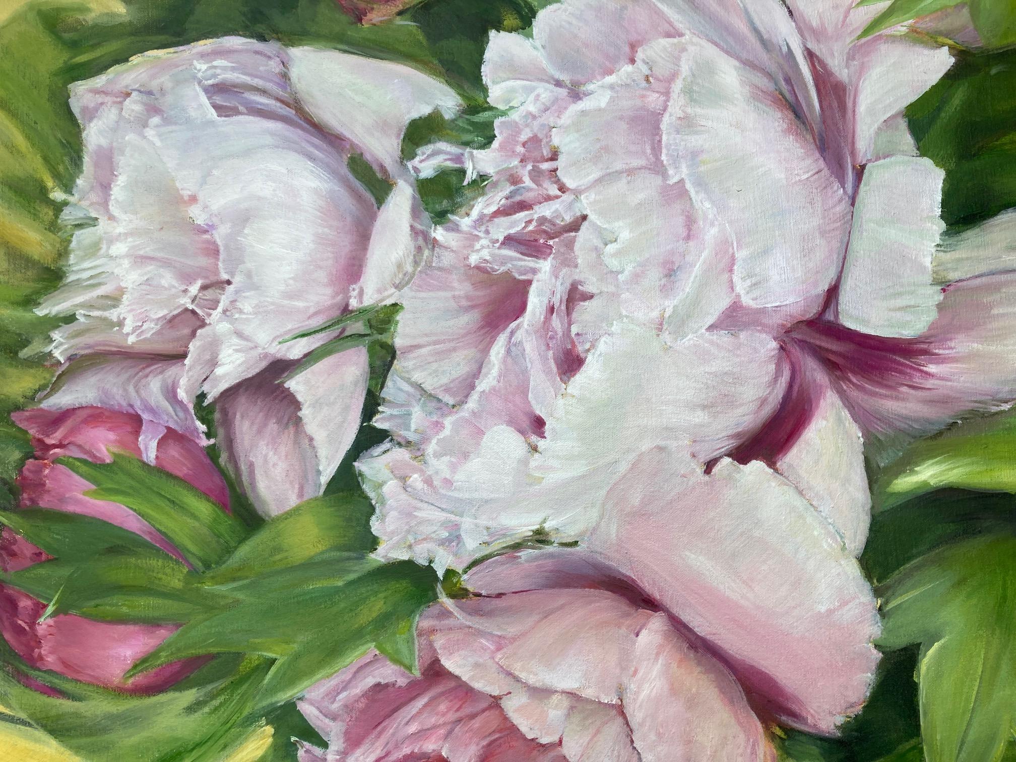  Big Peonies of Joy -  Oil Painting White Grey Yellow Pink Lilac For Sale 2