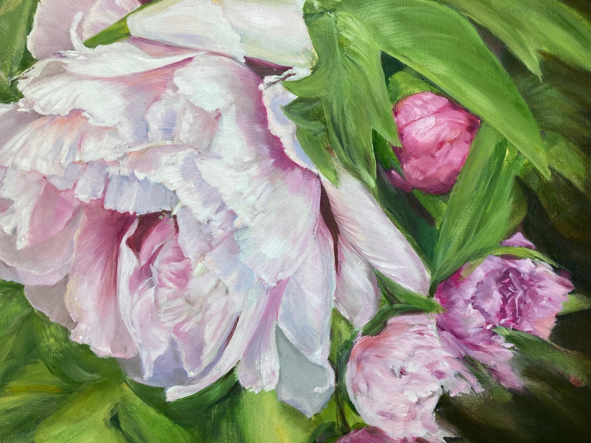  Big Peonies of Joy -  Oil Painting White Grey Yellow Pink Lilac For Sale 3
