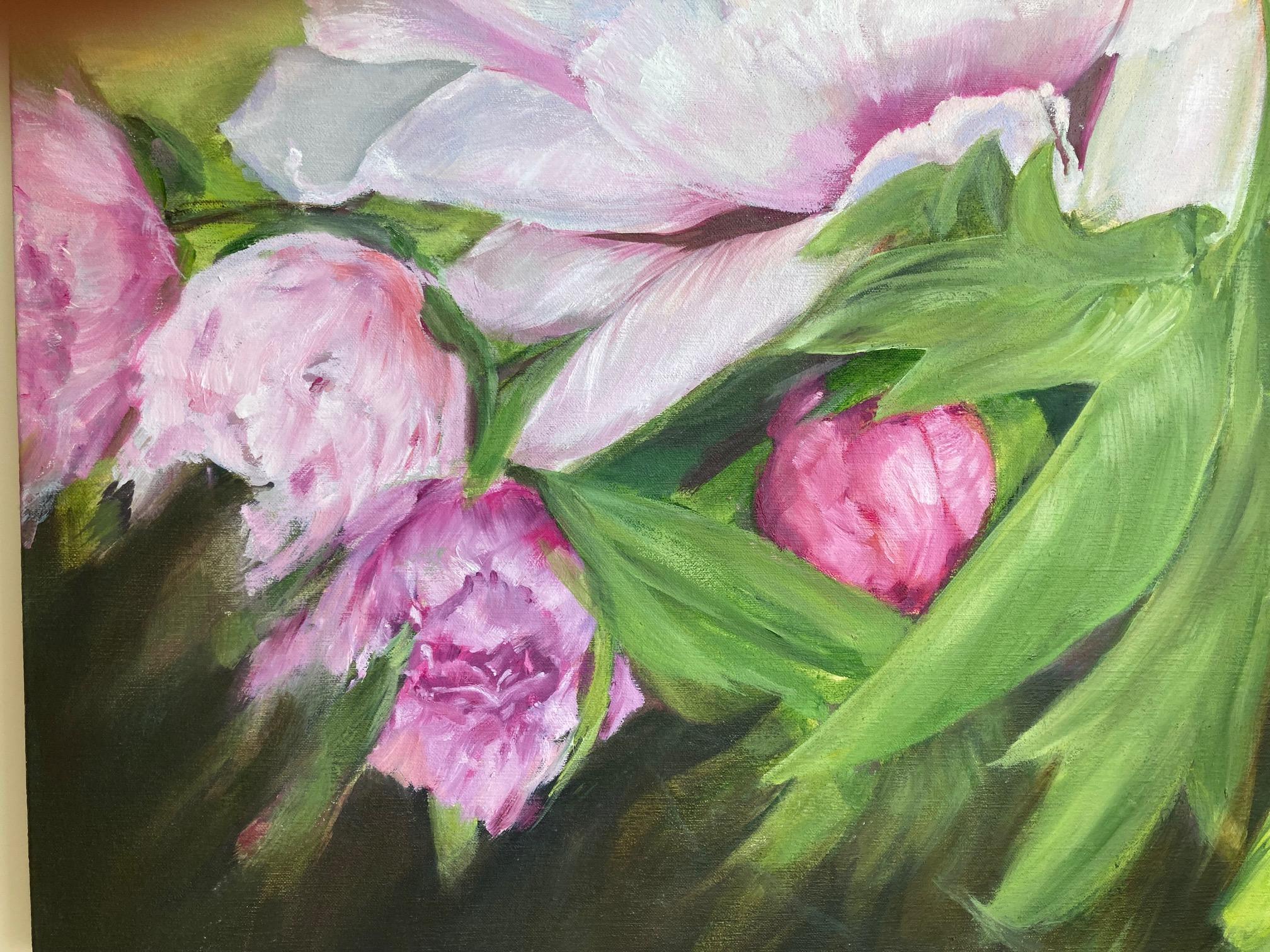  Big Peonies of Joy -  Oil Painting White Grey Yellow Pink Lilac For Sale 4