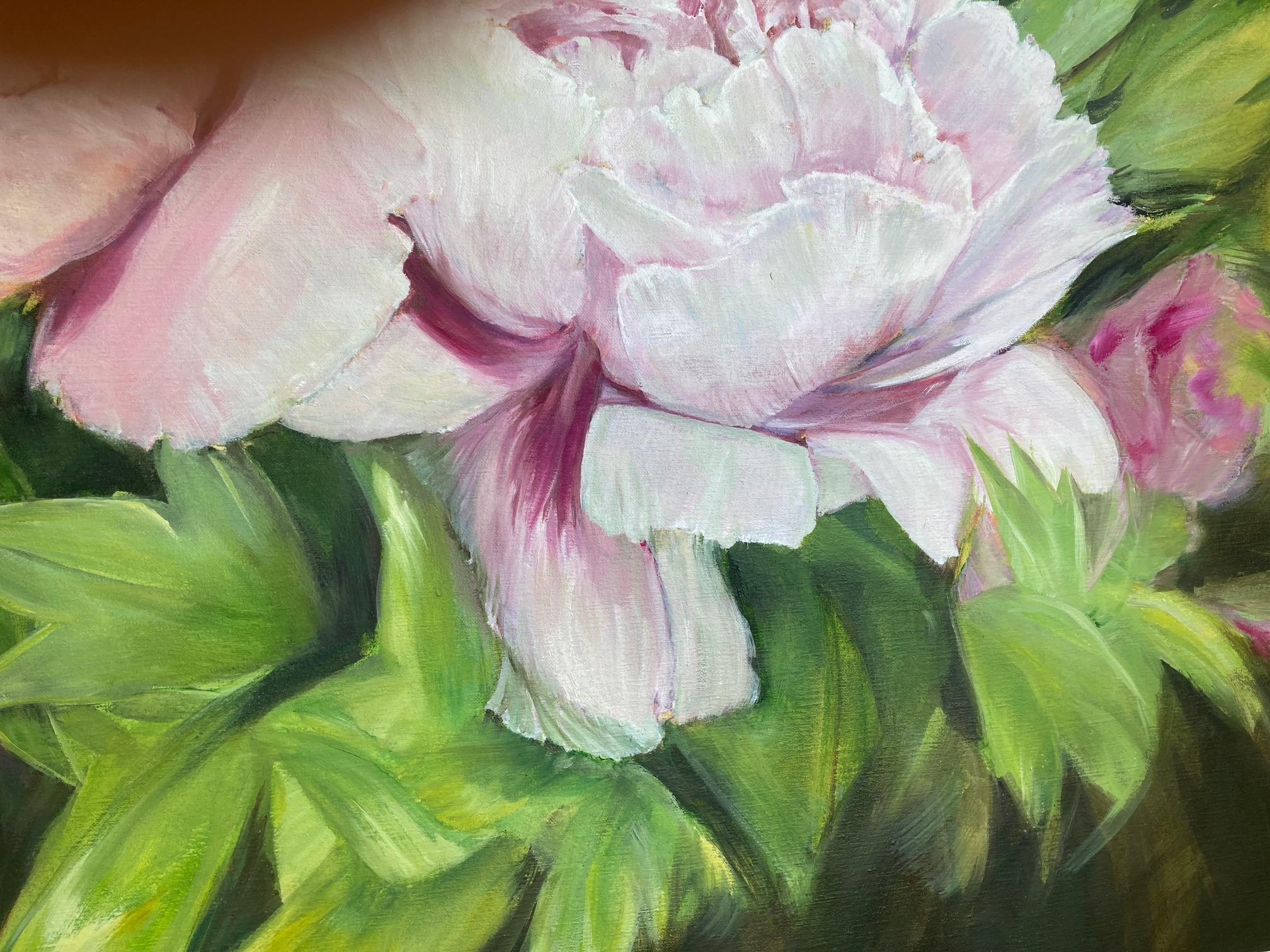  Big Peonies of Joy -  Oil Painting White Grey Yellow Pink Lilac For Sale 5
