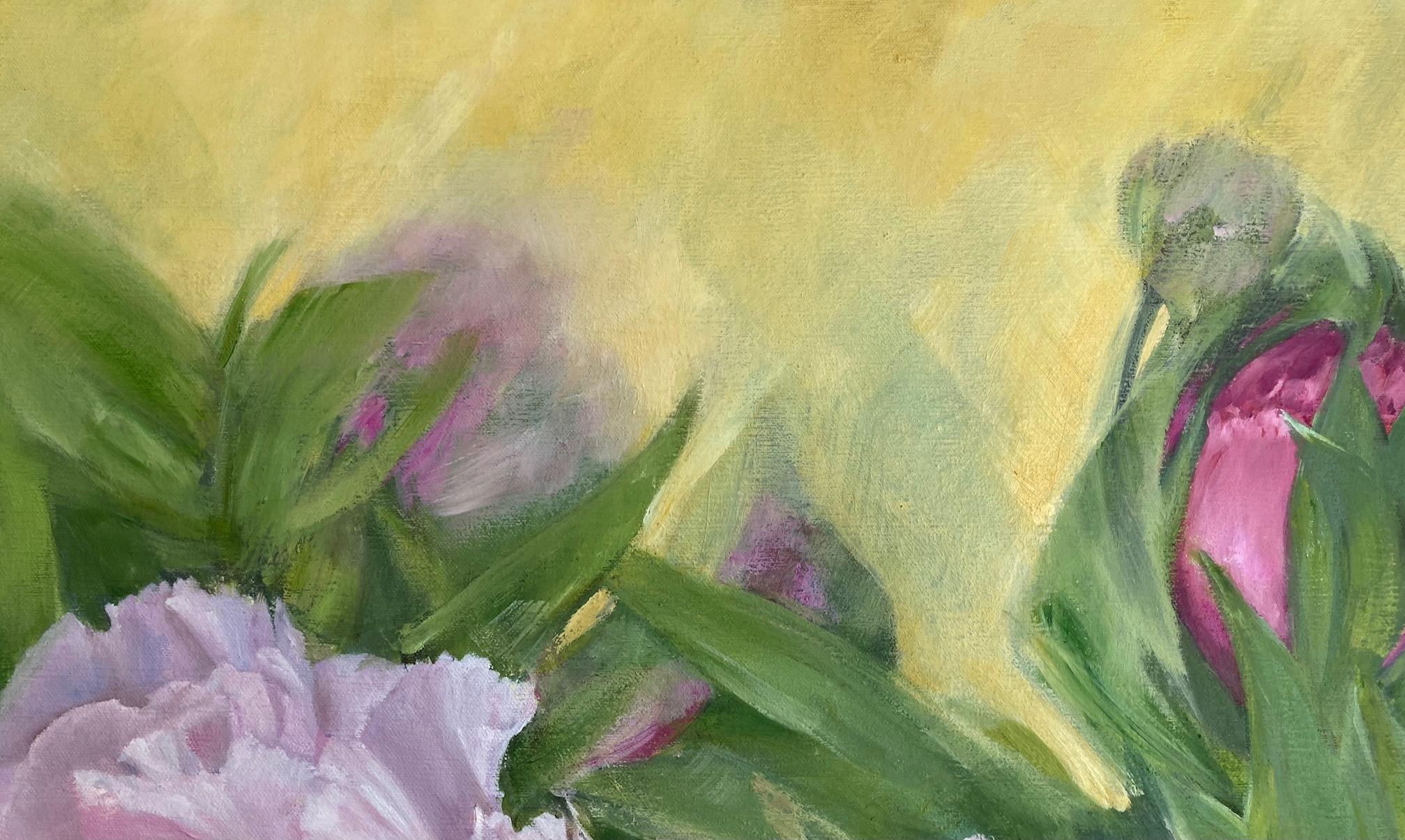  Big Peonies of Joy -  Oil Painting White Grey Yellow Pink Lilac For Sale 6