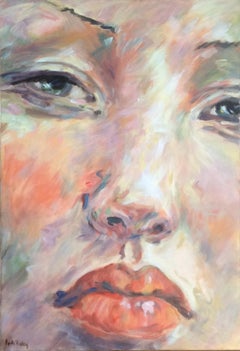 Face Of My Muse - Oil Portrait Painting Colors Blue White Red Grey Black