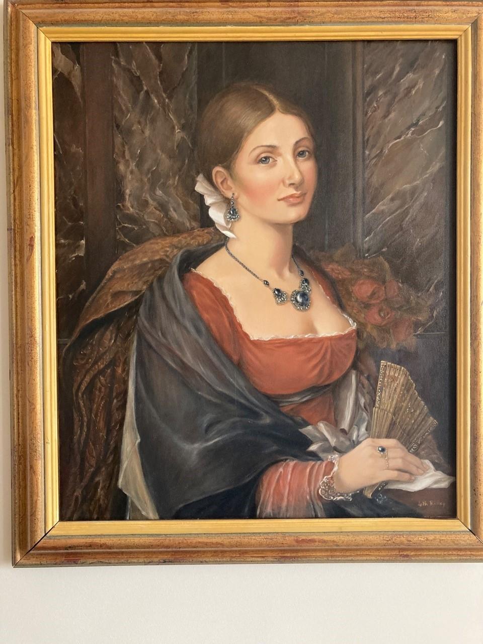 Lucia - Peinture à l'huile de portrait, couleurs marron, blanc, rouge, vert, noir pâle - Romantique Painting par Leith Ridley
