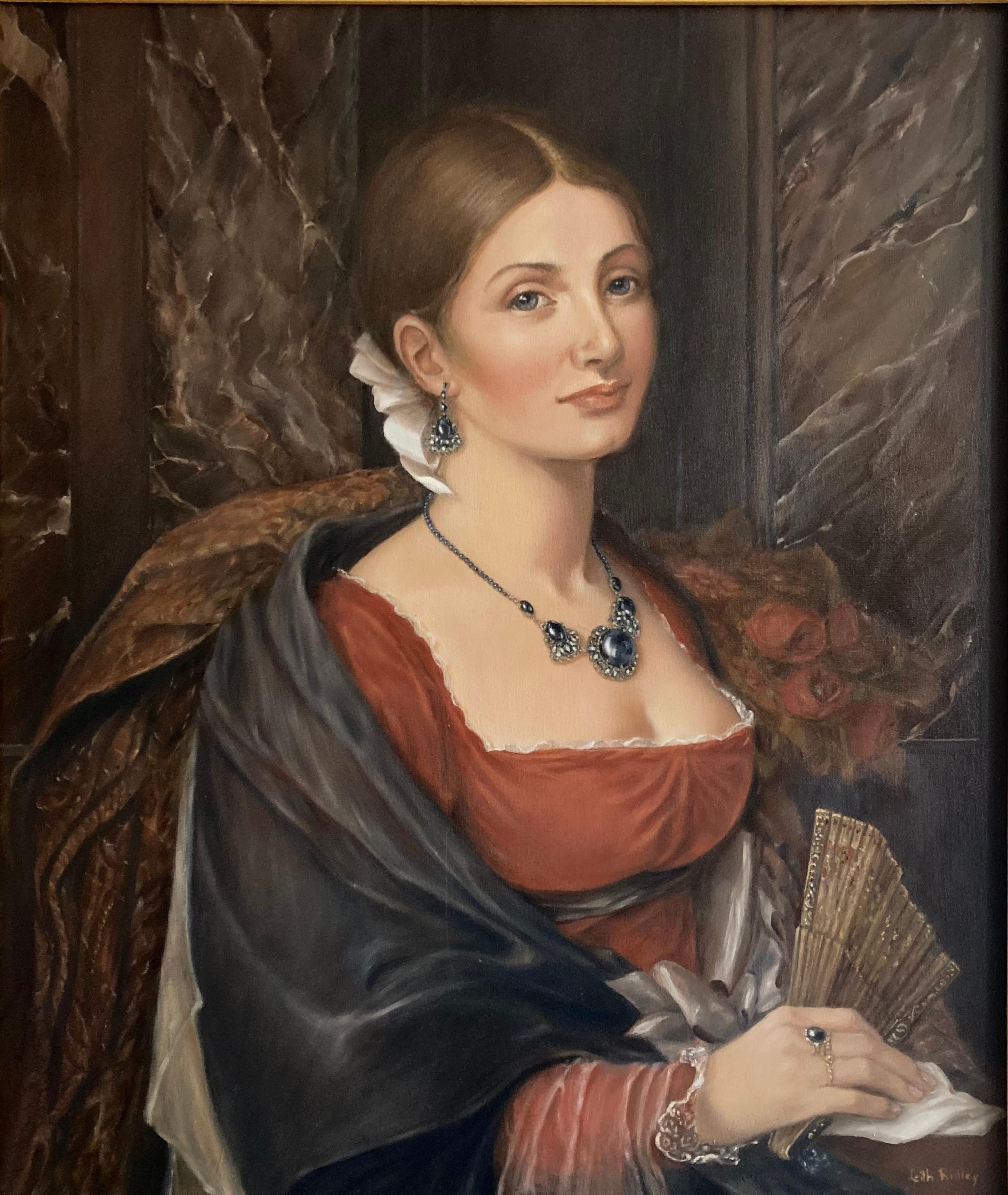 Portrait Painting Leith Ridley - Lucia - Peinture à l'huile de portrait, couleurs marron, blanc, rouge, vert, noir pâle