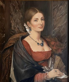 Lucia - Peinture à l'huile de portrait, couleurs marron, blanc, rouge, vert, noir pâle