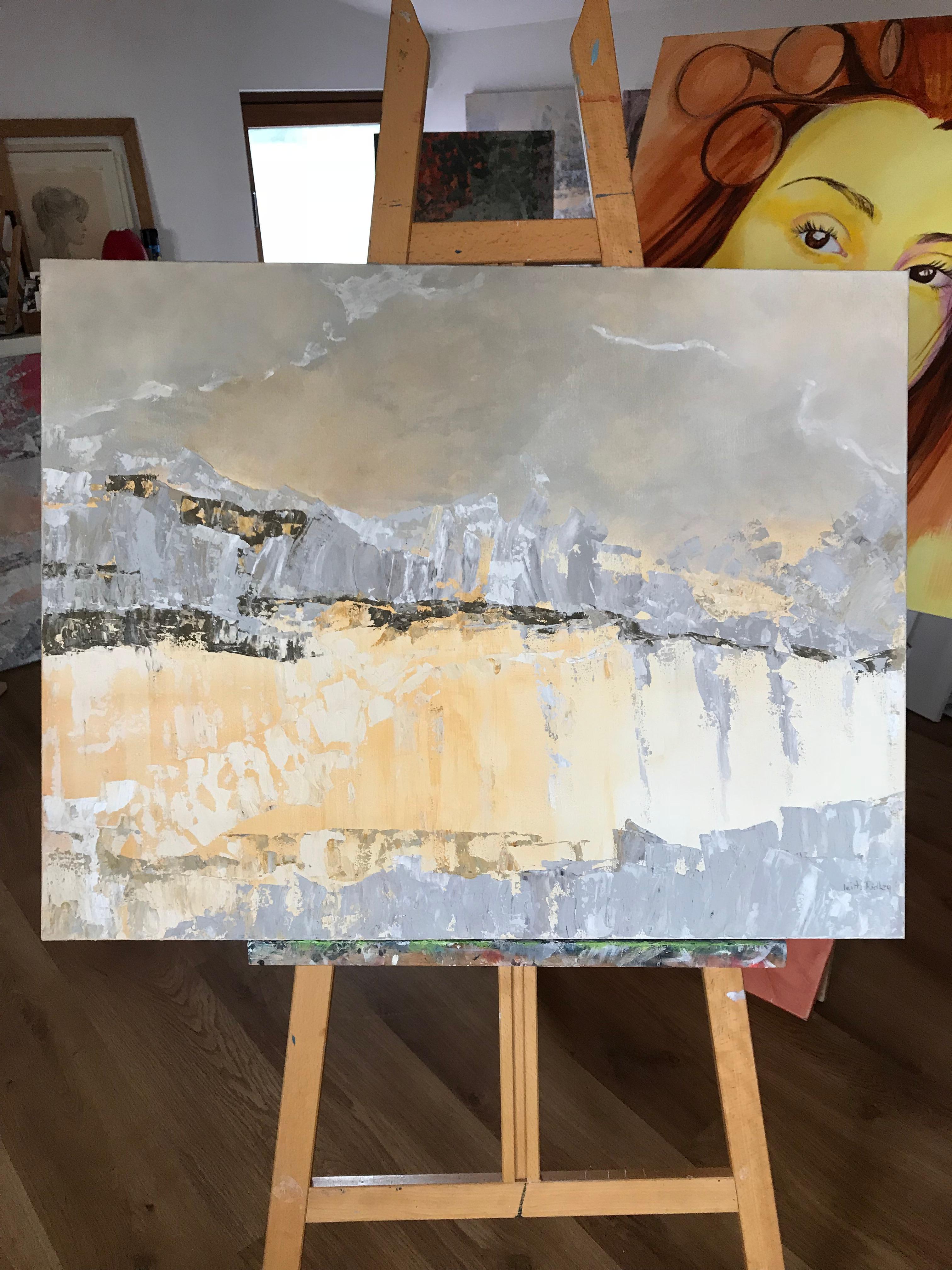 Série d'éléments - Peinture à l'huile abstraite Couleur beige gris blanc noir jaune brun - Painting de Leith Ridley